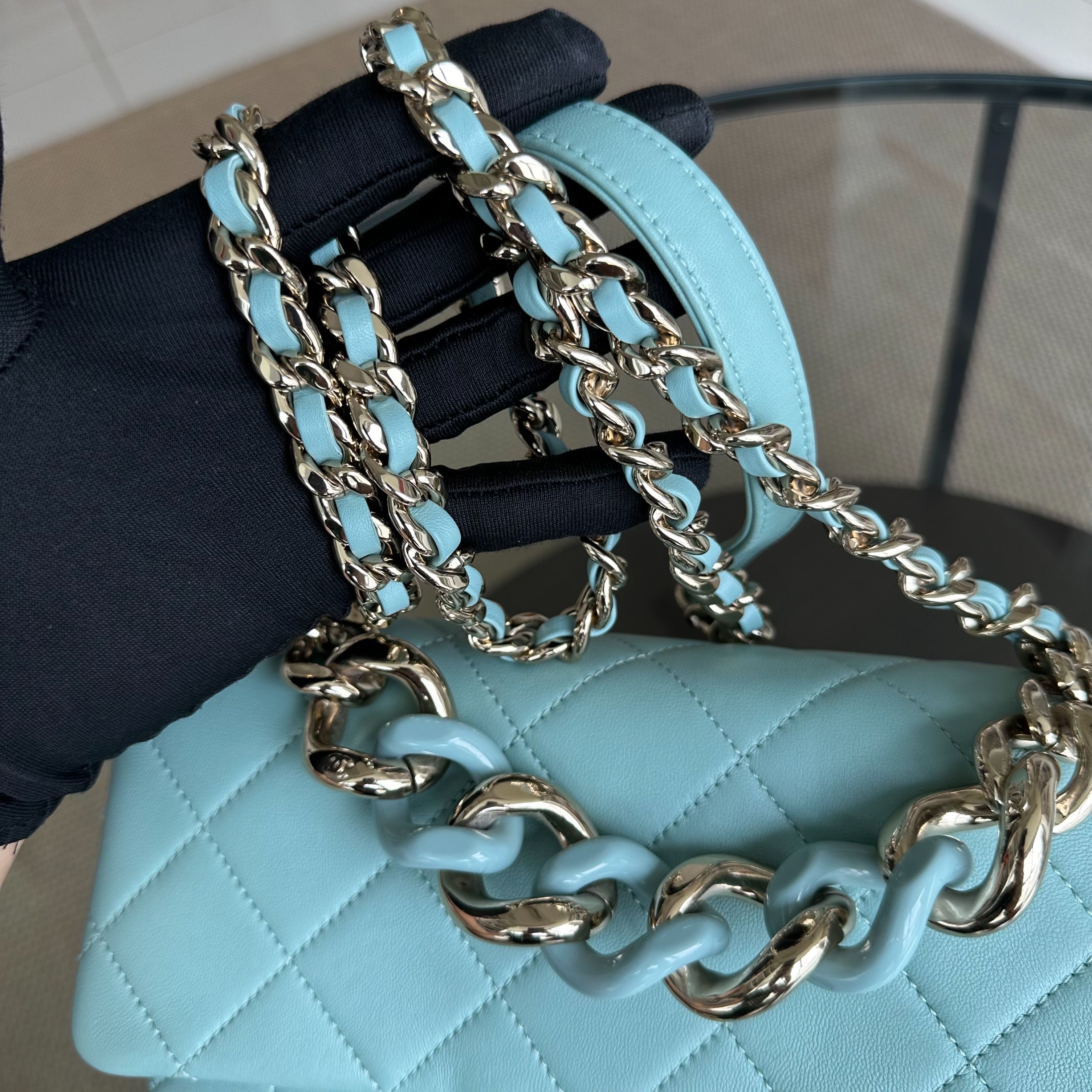 *Like New* Chanel 2020 Elegant Resin Chain Classic Flap Quilted Lambskin Light Blue GHW No 29 - Luxury Evermore