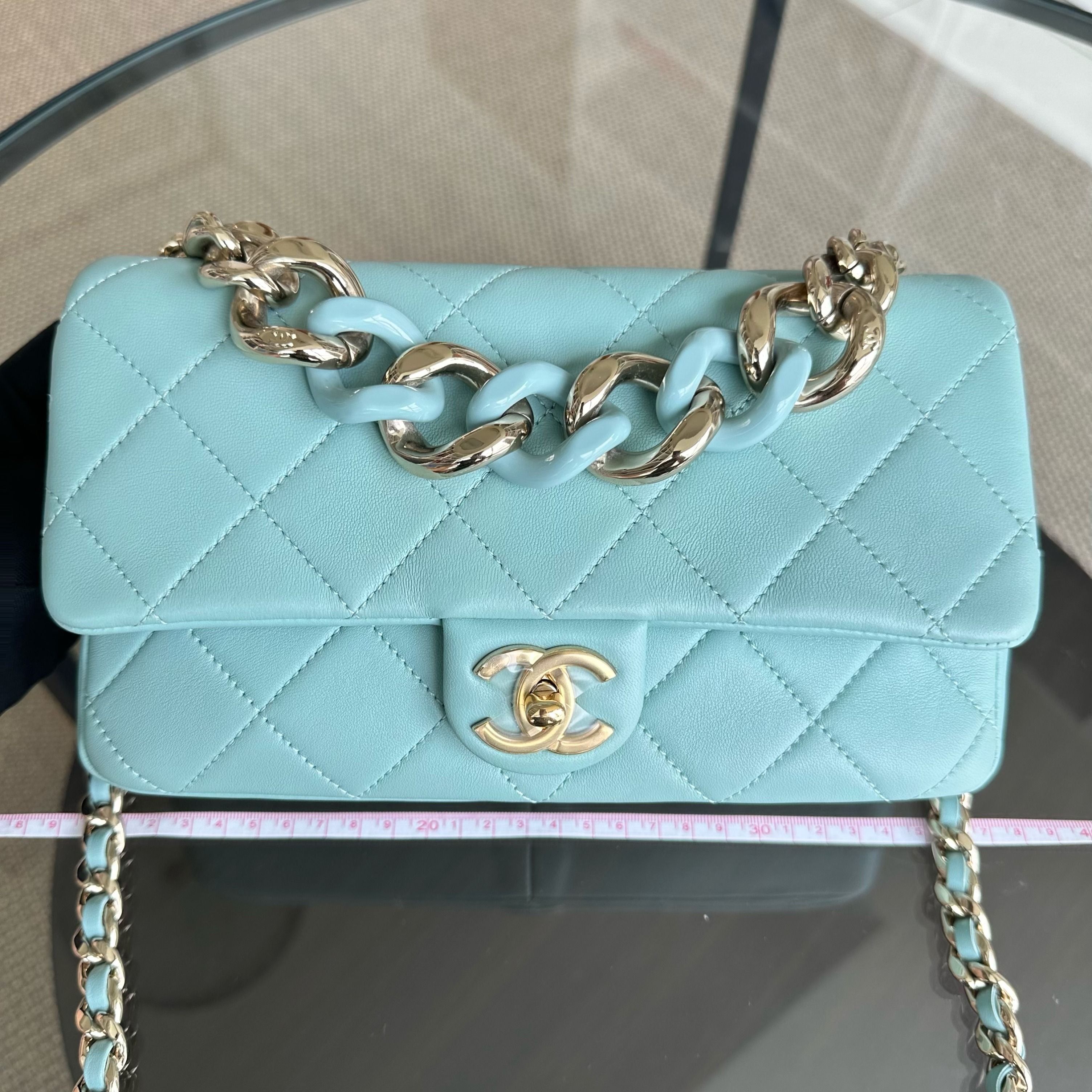 *Like New* Chanel 2020 Elegant Resin Chain Classic Flap Quilted Lambskin Light Blue GHW No 29 - Luxury Evermore