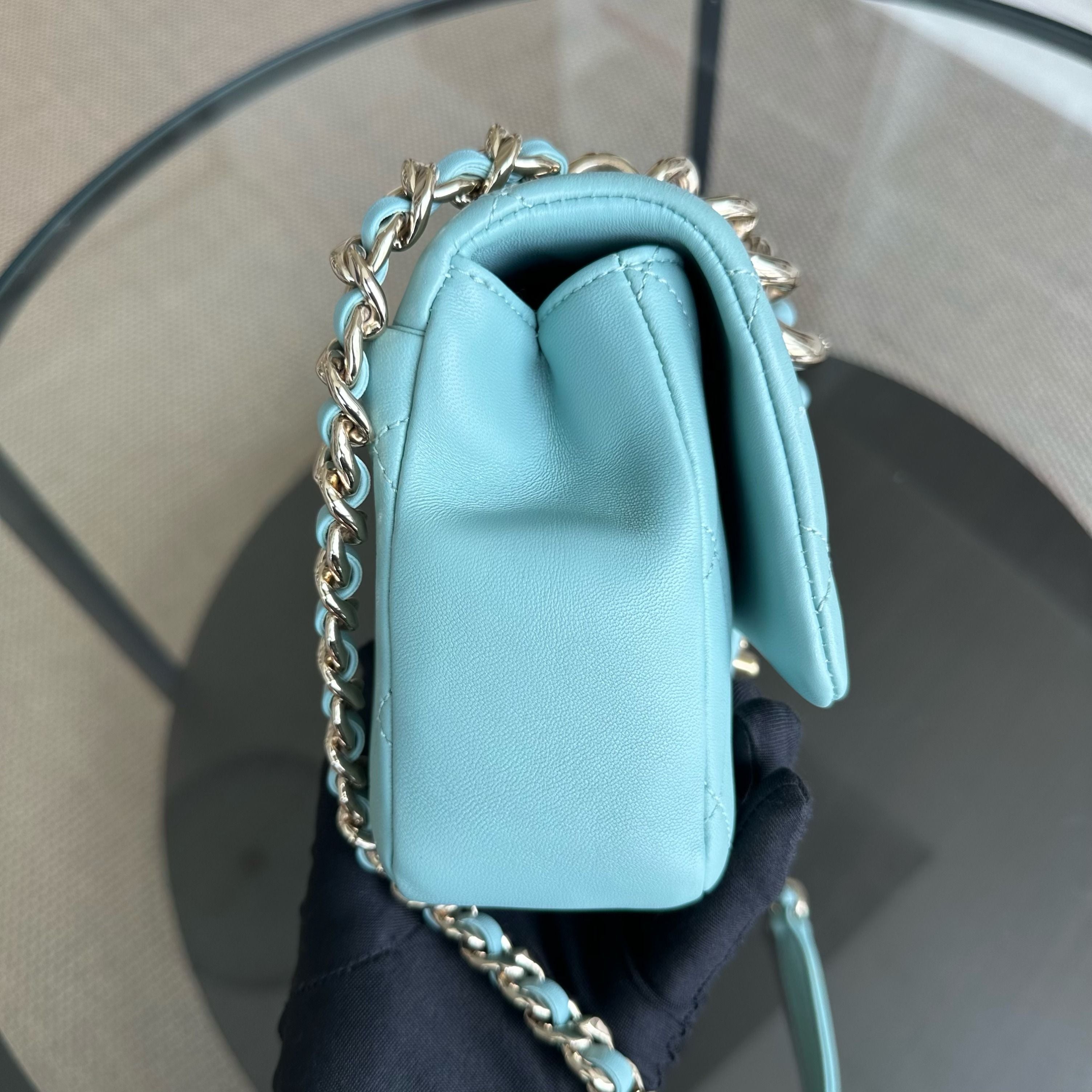 *Like New* Chanel 2020 Elegant Resin Chain Classic Flap Quilted Lambskin Light Blue GHW No 29 - Luxury Evermore