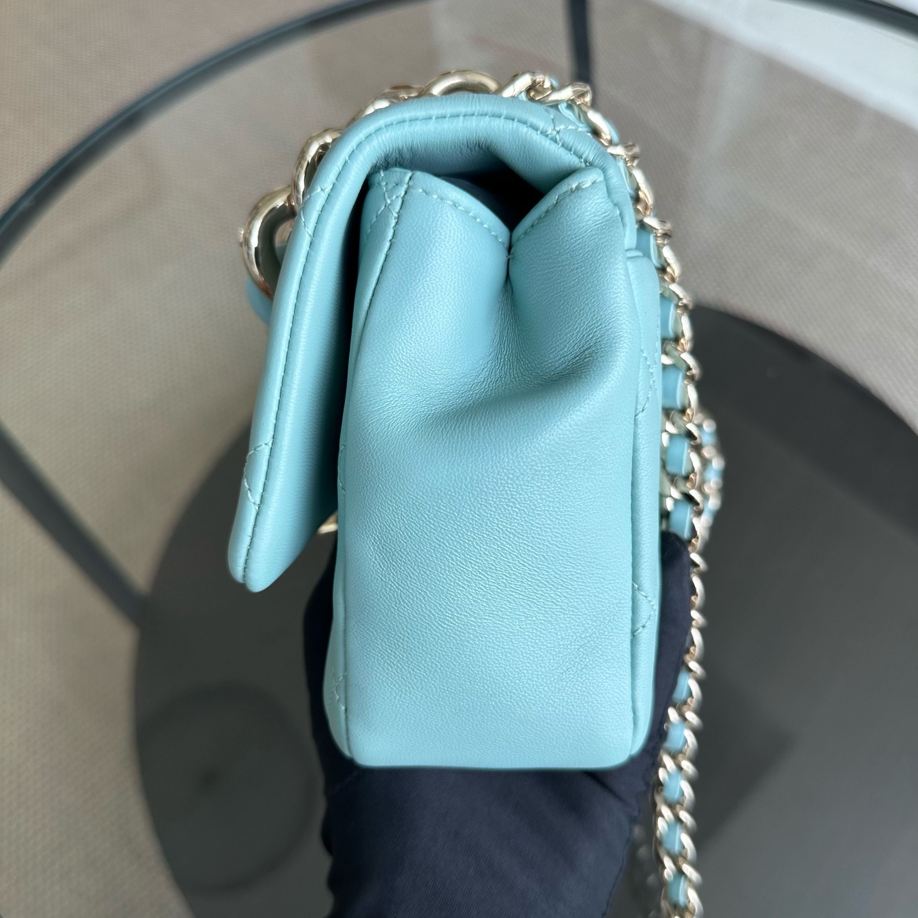 *Like New* Chanel 2020 Elegant Resin Chain Classic Flap Quilted Lambskin Light Blue GHW No 29 - Luxury Evermore