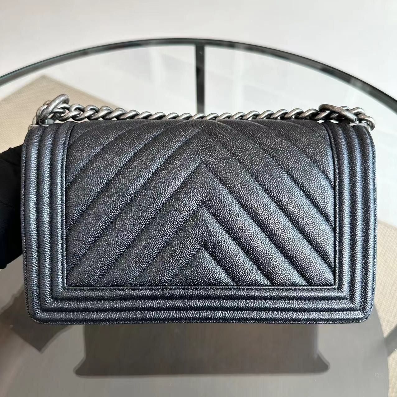 *Like New* Chanel Caviar Boy Chevron Old Medium 25CM Dark Blue No 26 - Luxury Evermore