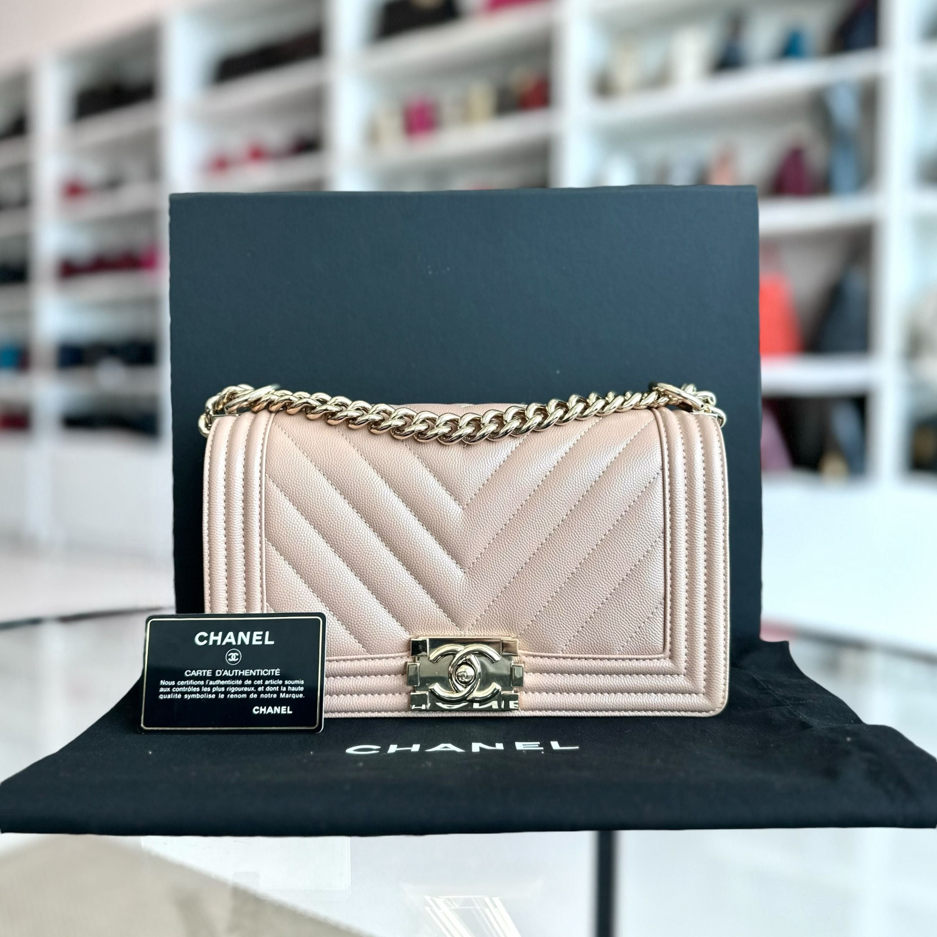 *Like New* Chanel Caviar Boy Old Medium 25CM Chevron Nude LGHW No 25 - Luxury Evermore