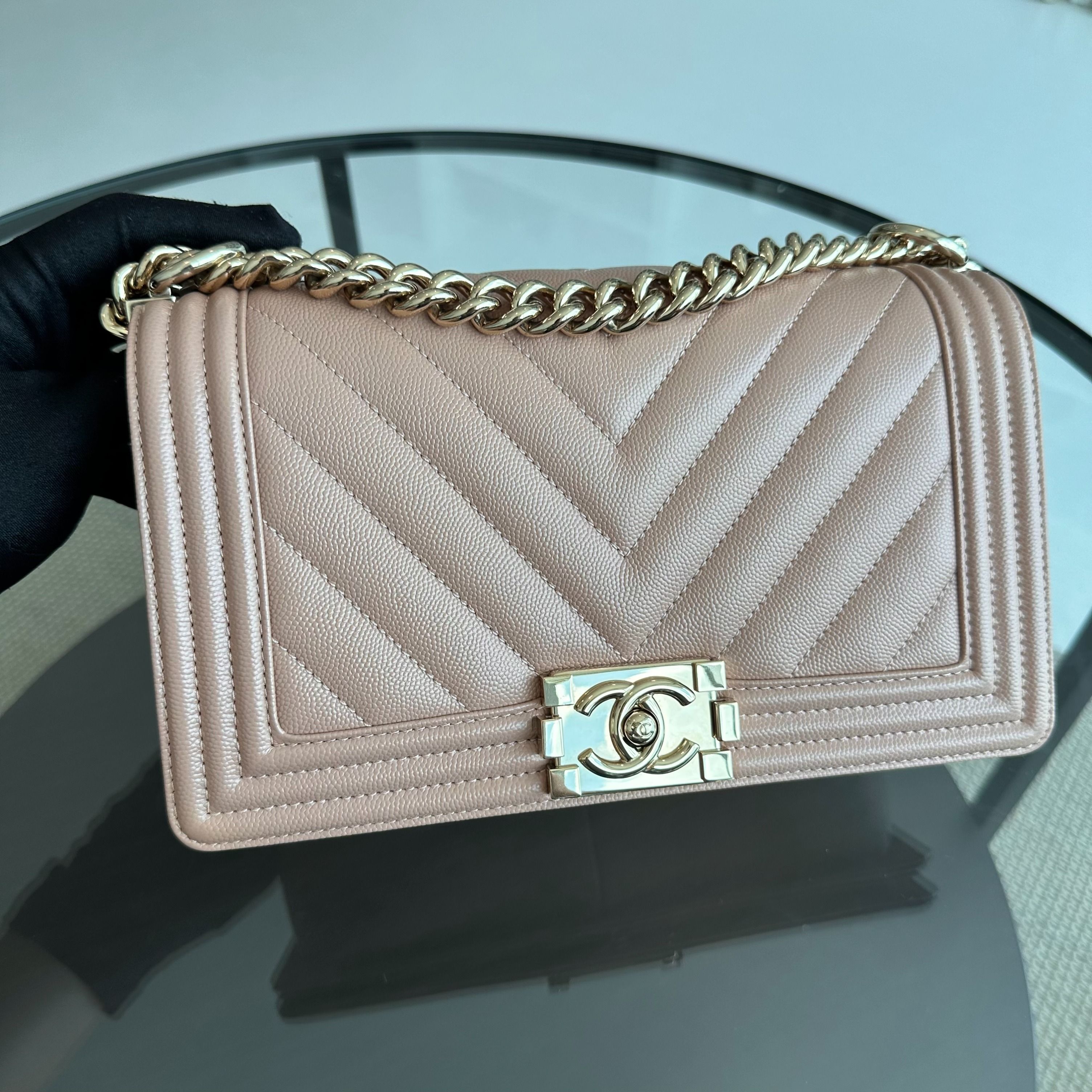 *Like New* Chanel Caviar Boy Old Medium 25CM Chevron Nude LGHW No 25 - Luxury Evermore