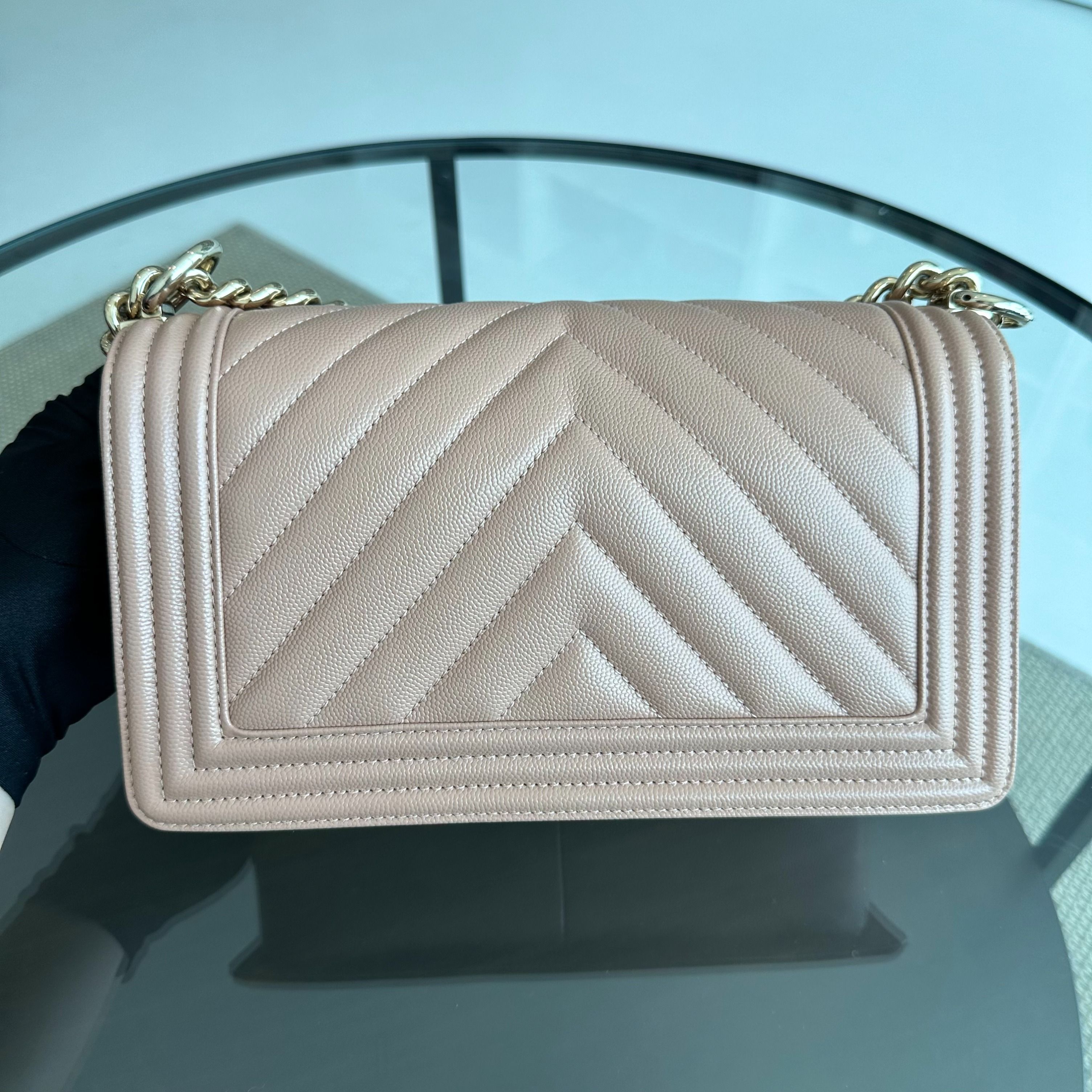 *Like New* Chanel Caviar Boy Old Medium 25CM Chevron Nude LGHW No 25 - Luxury Evermore