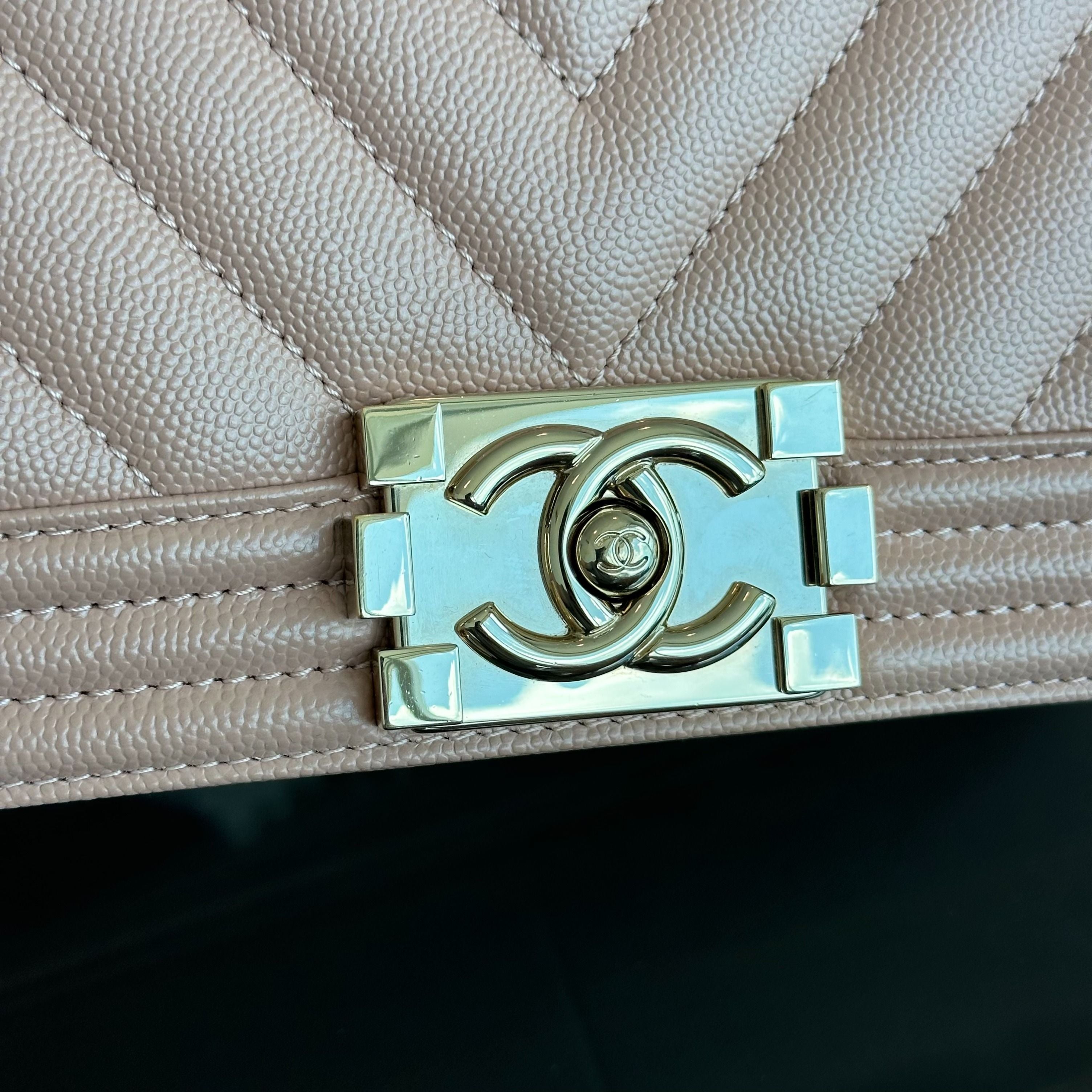 *Like New* Chanel Caviar Boy Old Medium 25CM Chevron Nude LGHW No 25 - Luxury Evermore