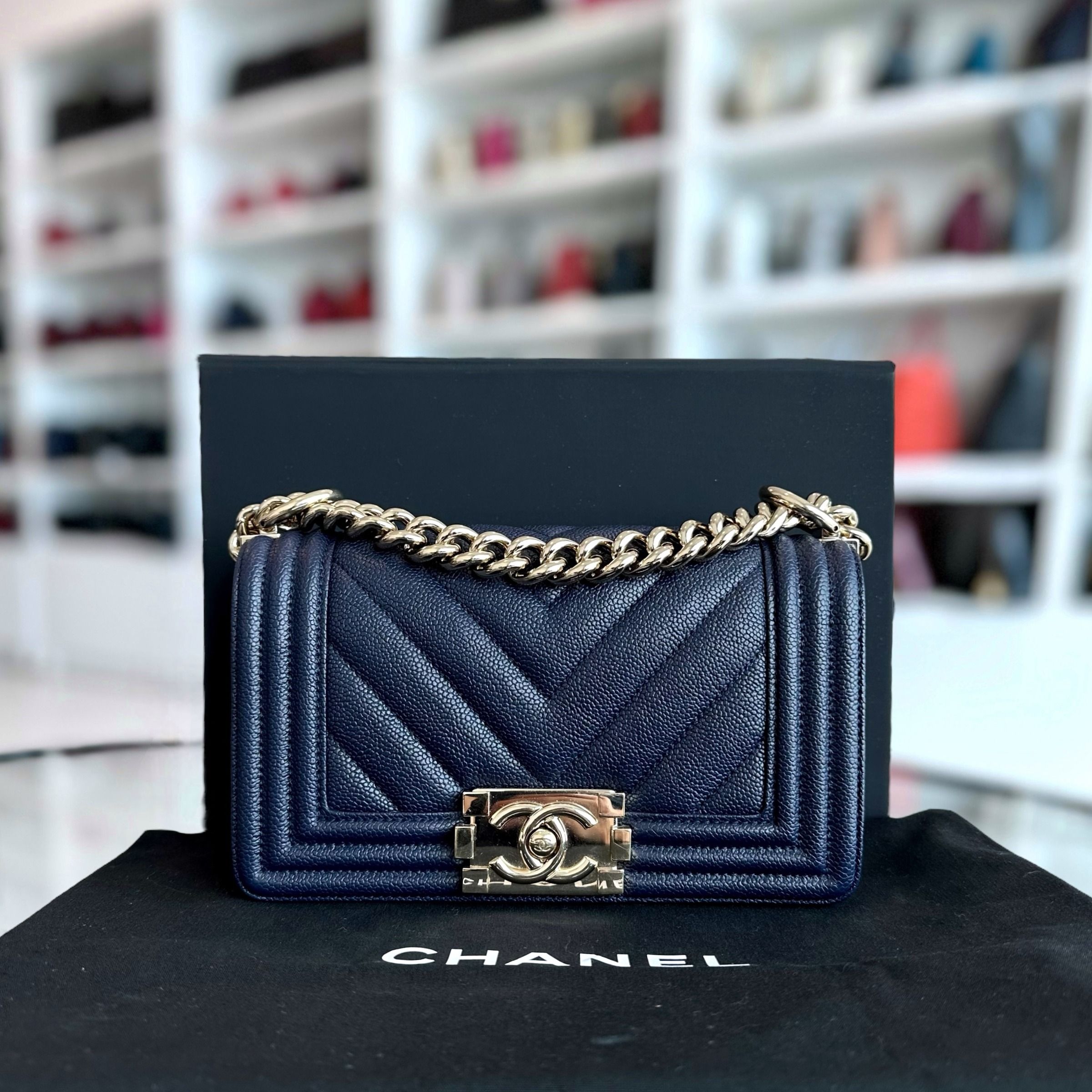 *Like New* Chanel Caviar Boy Small 20CM Chevron Grained Calfskin Leboy Dark Blue GHW No 24 - Luxury Evermore