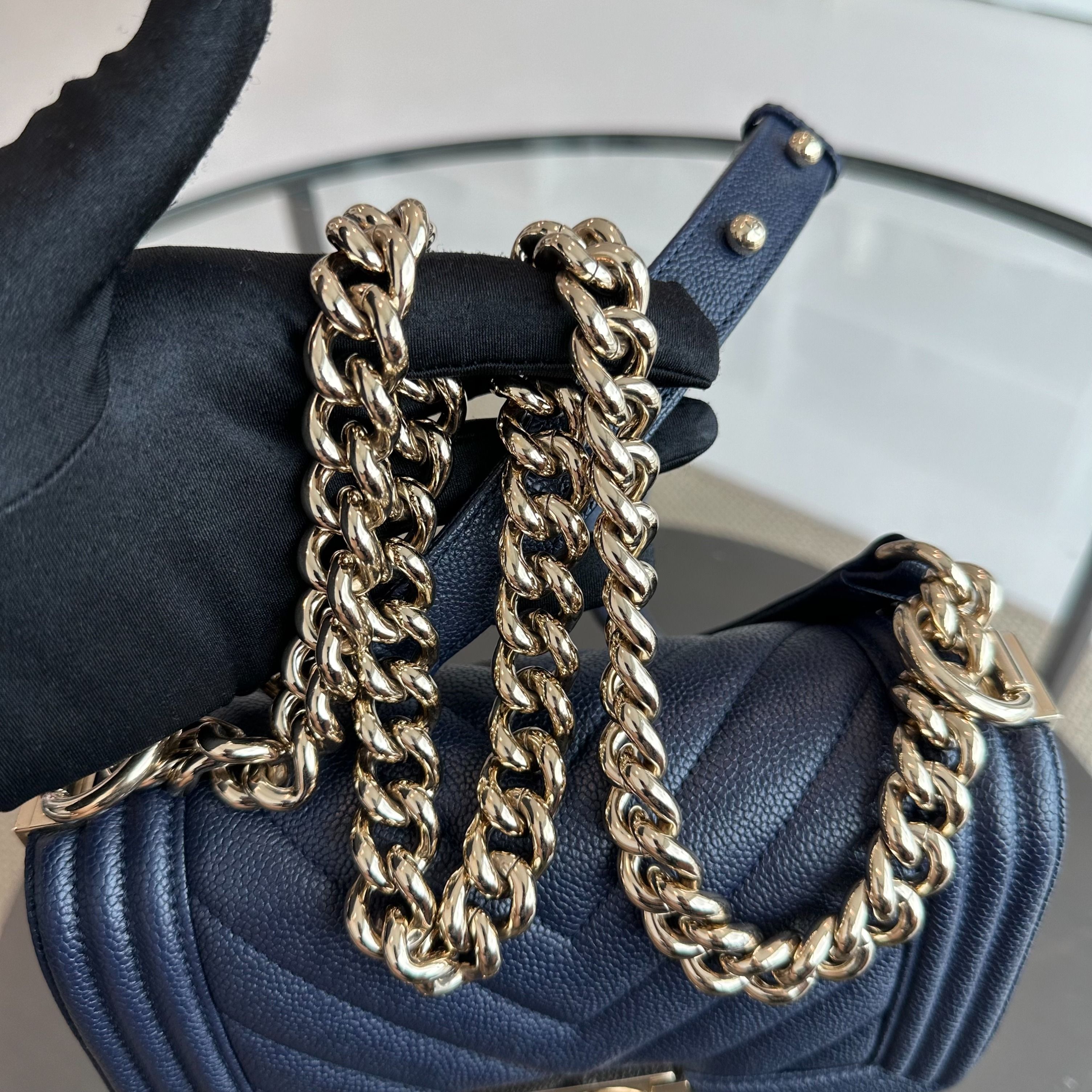 *Like New* Chanel Caviar Boy Small 20CM Chevron Grained Calfskin Leboy Dark Blue GHW No 24 - Luxury Evermore