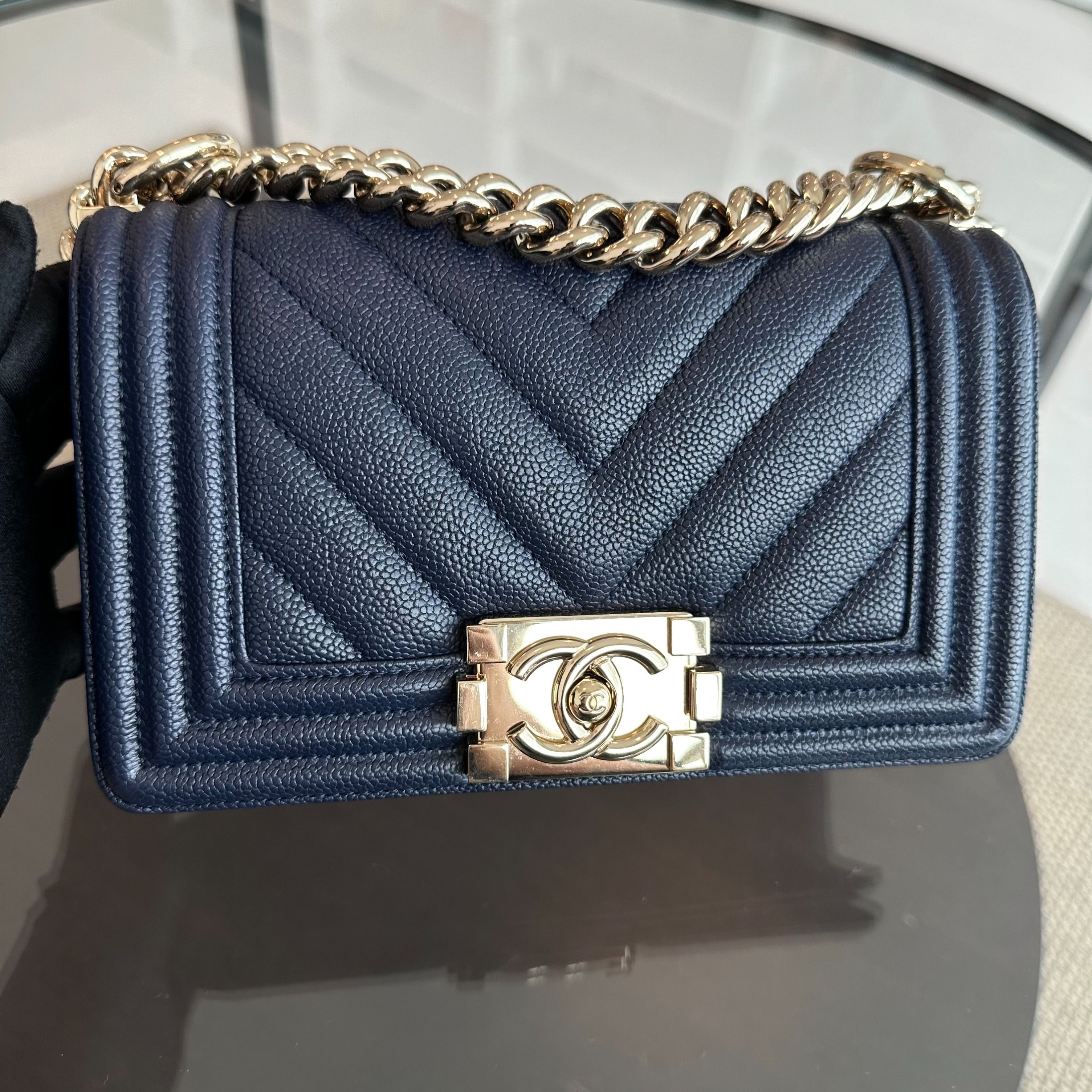 *Like New* Chanel Caviar Boy Small 20CM Chevron Grained Calfskin Leboy Dark Blue GHW No 24 - Luxury Evermore