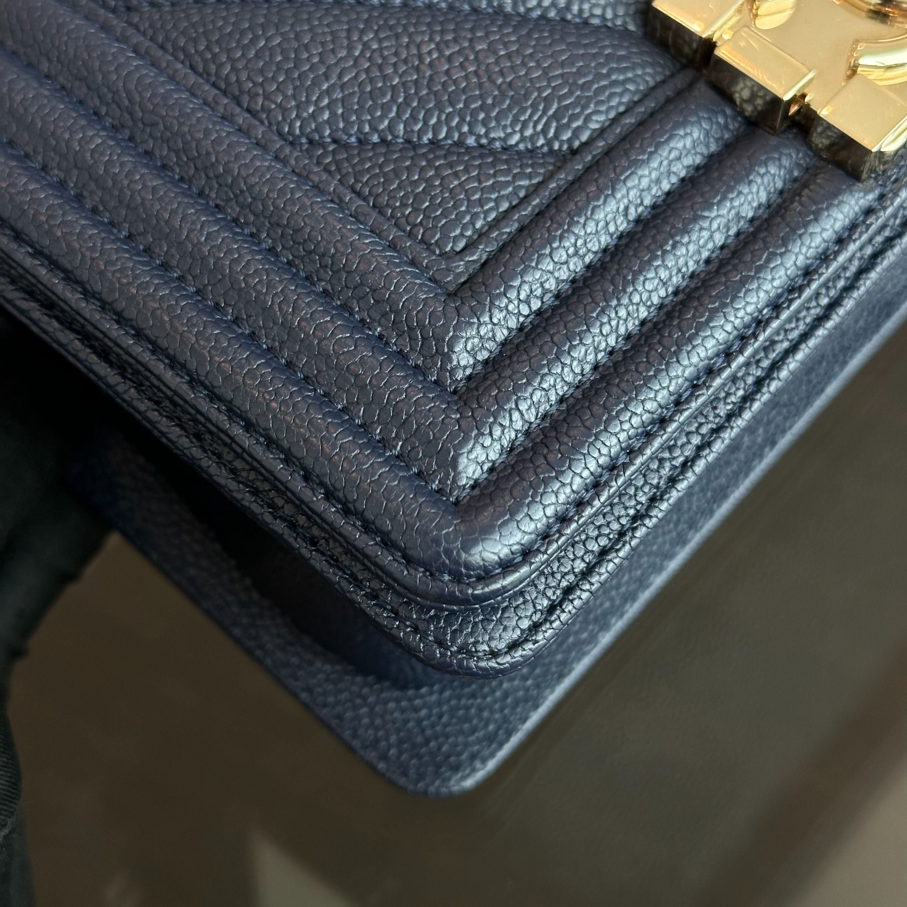 *Like New* Chanel Caviar Boy Small 20CM Chevron Grained Calfskin Leboy Dark Blue GHW No 24 - Luxury Evermore