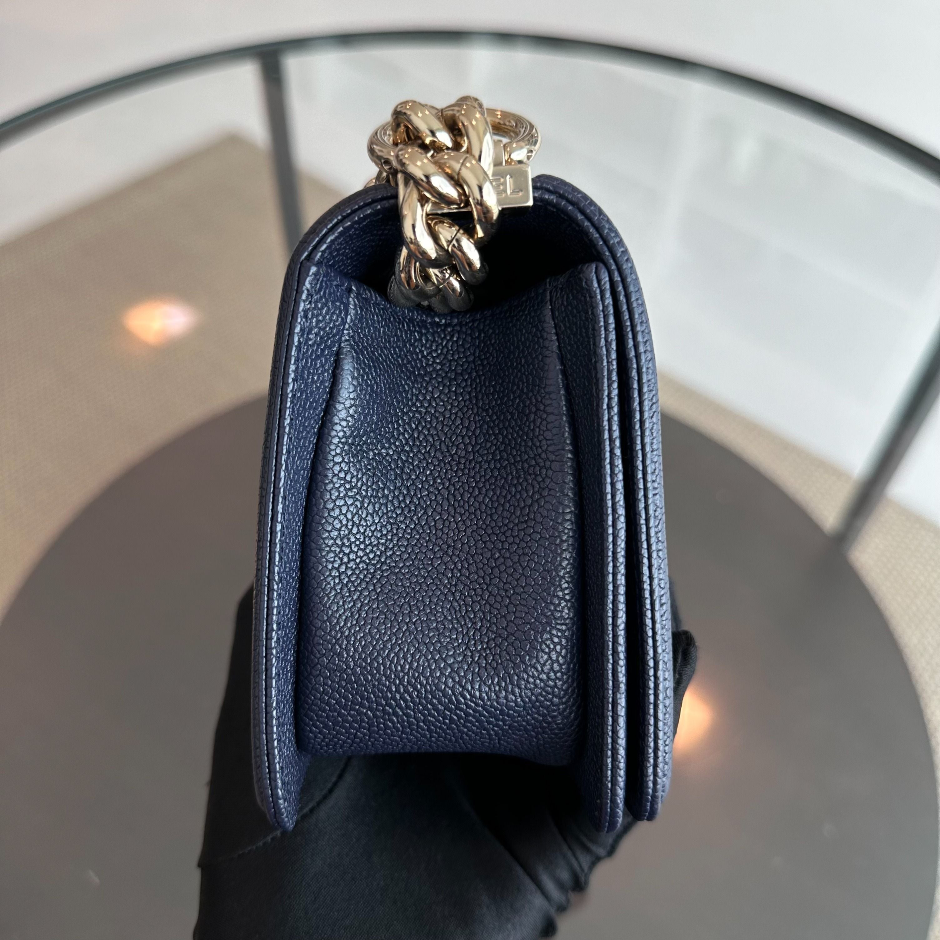 *Like New* Chanel Caviar Boy Small 20CM Chevron Grained Calfskin Leboy Dark Blue GHW No 24 - Luxury Evermore