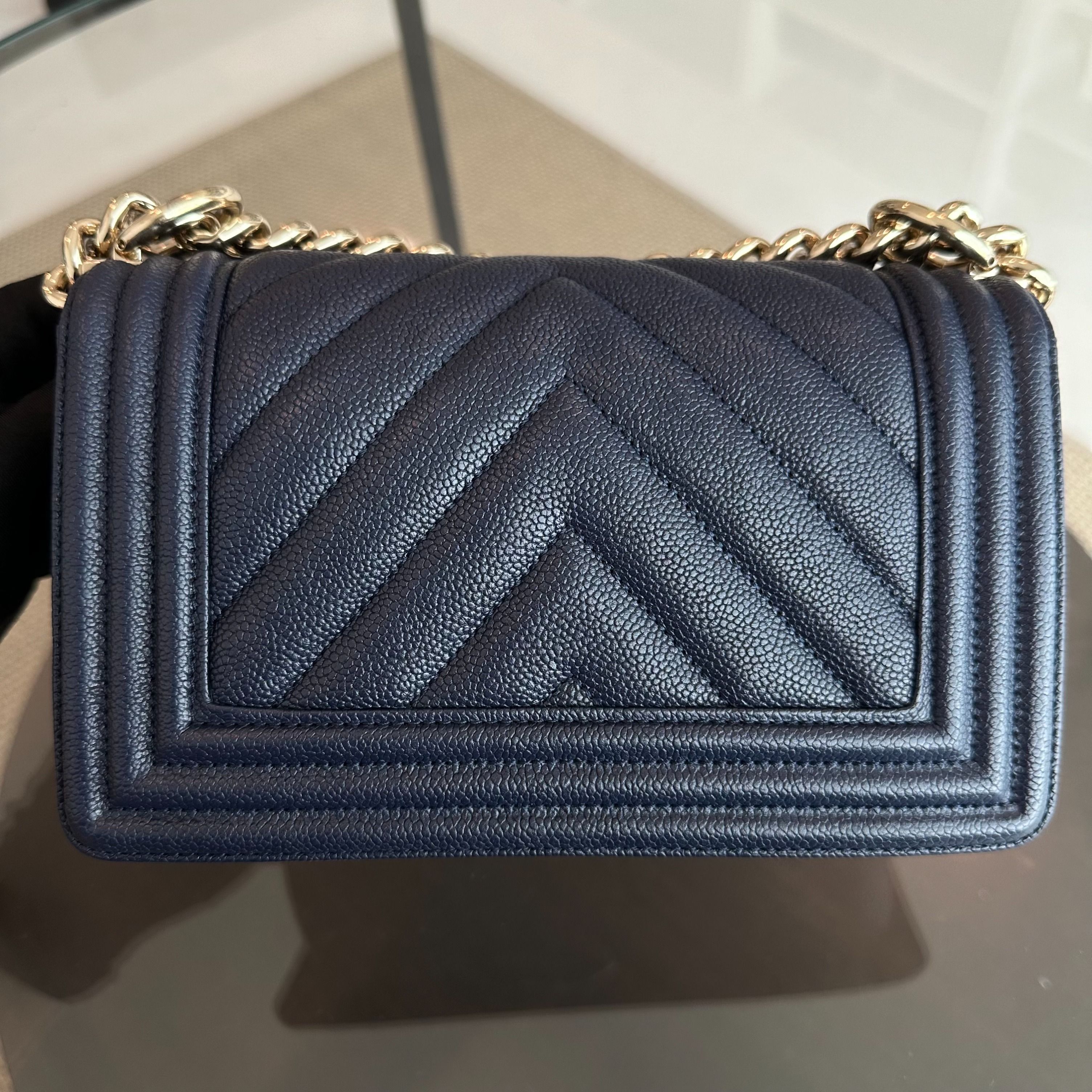 *Like New* Chanel Caviar Boy Small 20CM Chevron Grained Calfskin Leboy Dark Blue GHW No 24 - Luxury Evermore