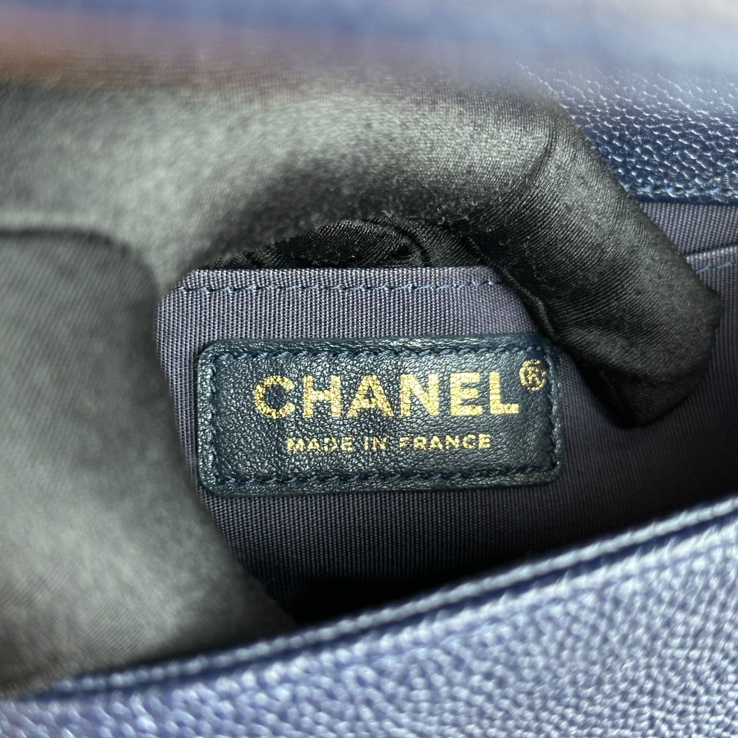 *Like New* Chanel Caviar Boy Small 20CM Chevron Grained Calfskin Leboy Dark Blue GHW No 24 - Luxury Evermore