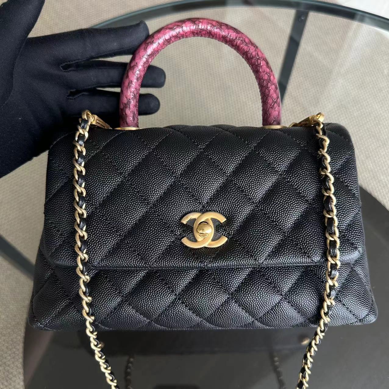 *Like New* Chanel Caviar Coco Handle Small Quilted Calfskin Exotic Handle Black GHW No 26 - Luxury Evermore