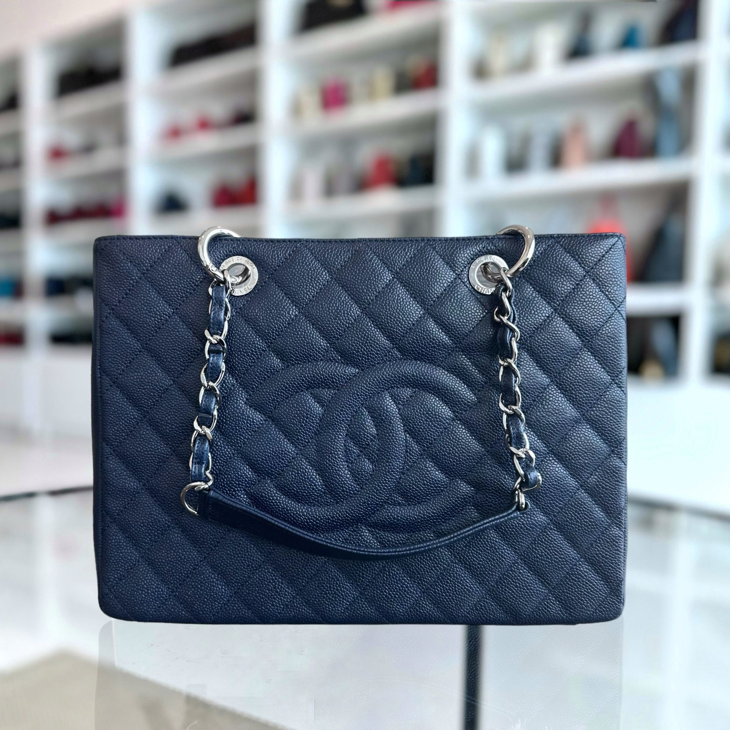 *Like New* Chanel Caviar GST Grand Shopping Tote Dark Blue No 19 - Luxury Evermore