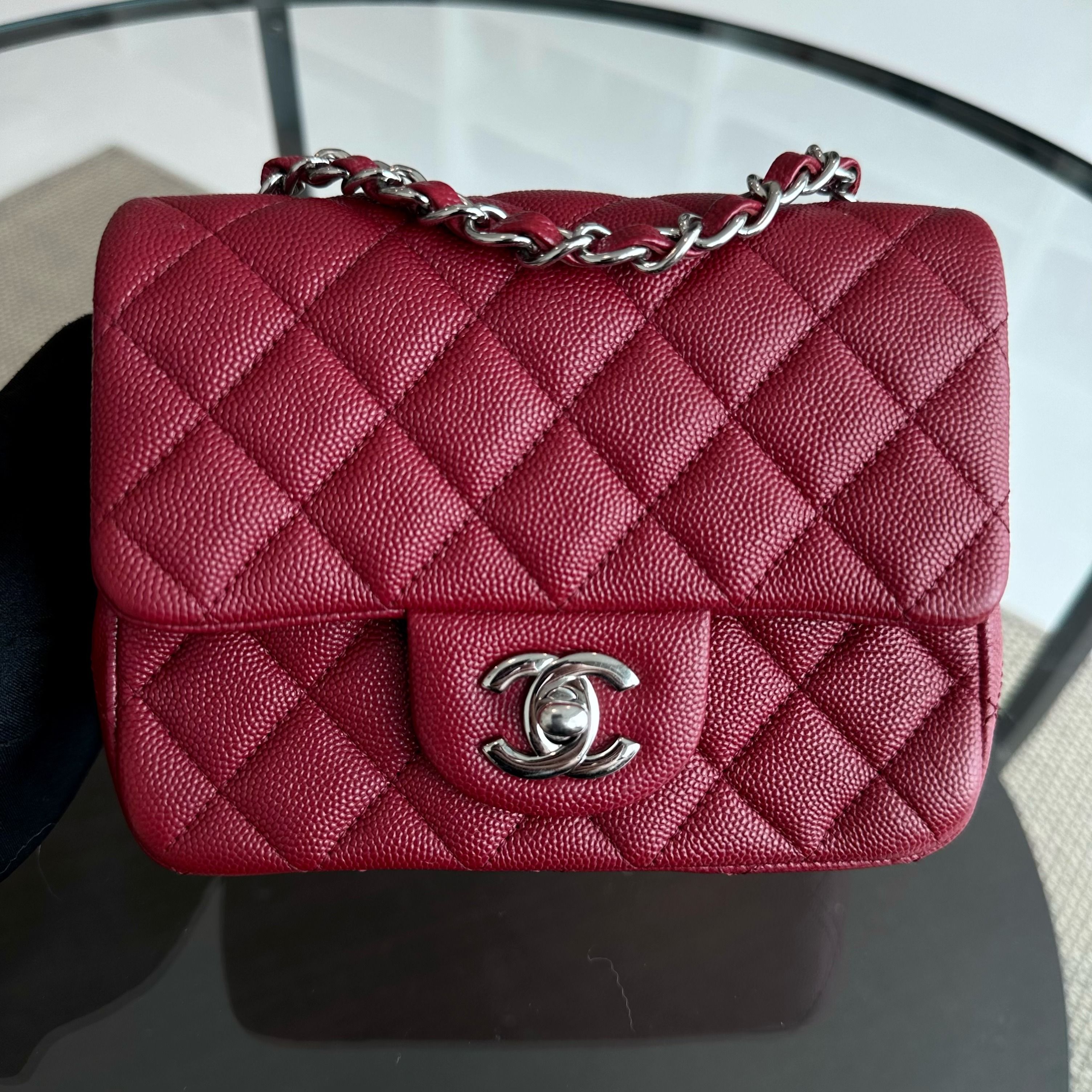 *Like New* Chanel Caviar Mini Square Classic Flap Quilted Calfskin Burgundy Red SHW No 27 - Luxury Evermore