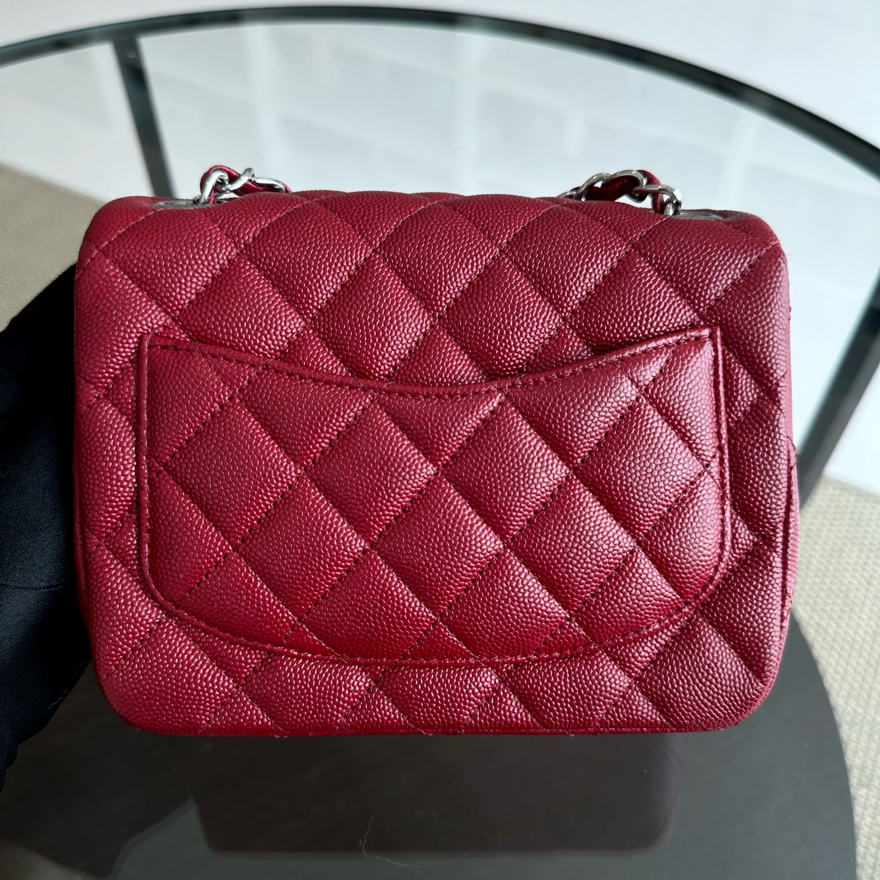 *Like New* Chanel Caviar Mini Square Classic Flap Quilted Calfskin Burgundy Red SHW No 27 - Luxury Evermore