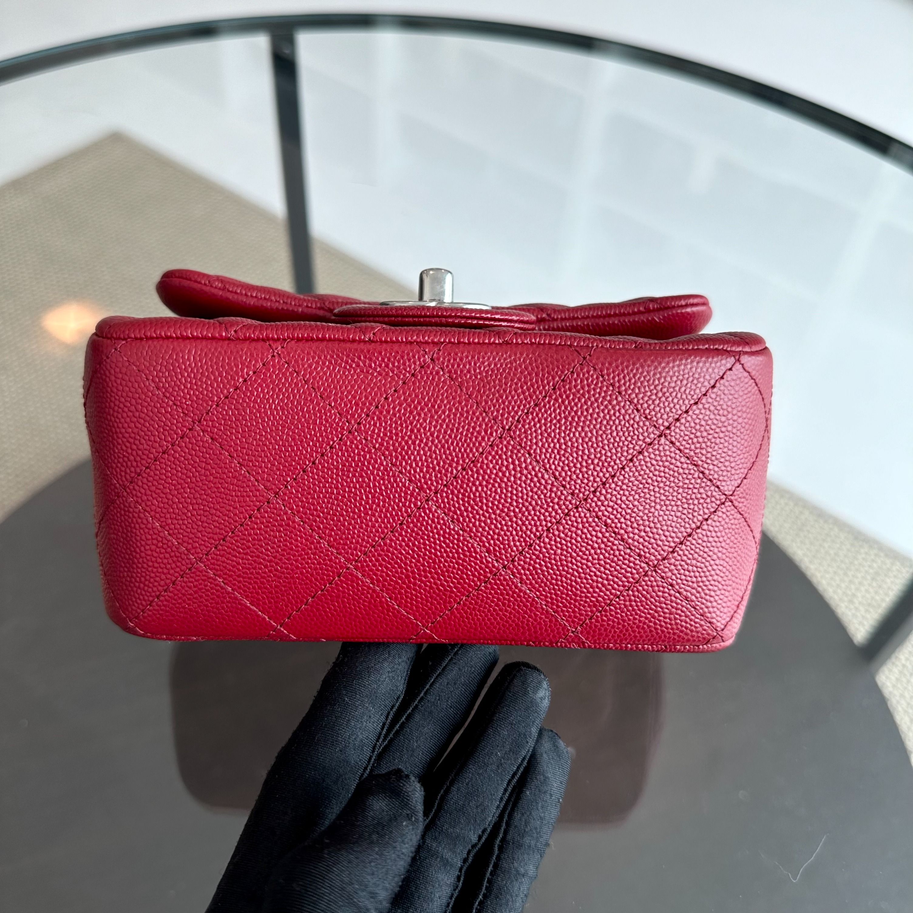 *Like New* Chanel Caviar Mini Square Classic Flap Quilted Calfskin Burgundy Red SHW No 27 - Luxury Evermore