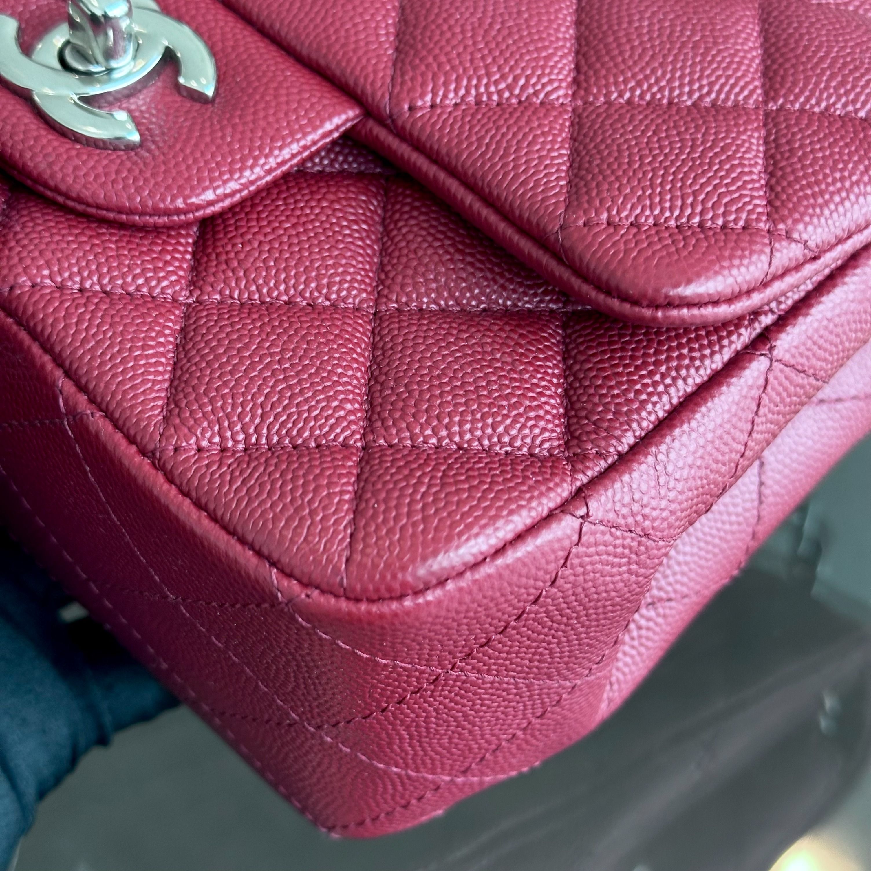 *Like New* Chanel Caviar Mini Square Classic Flap Quilted Calfskin Burgundy Red SHW No 27 - Luxury Evermore