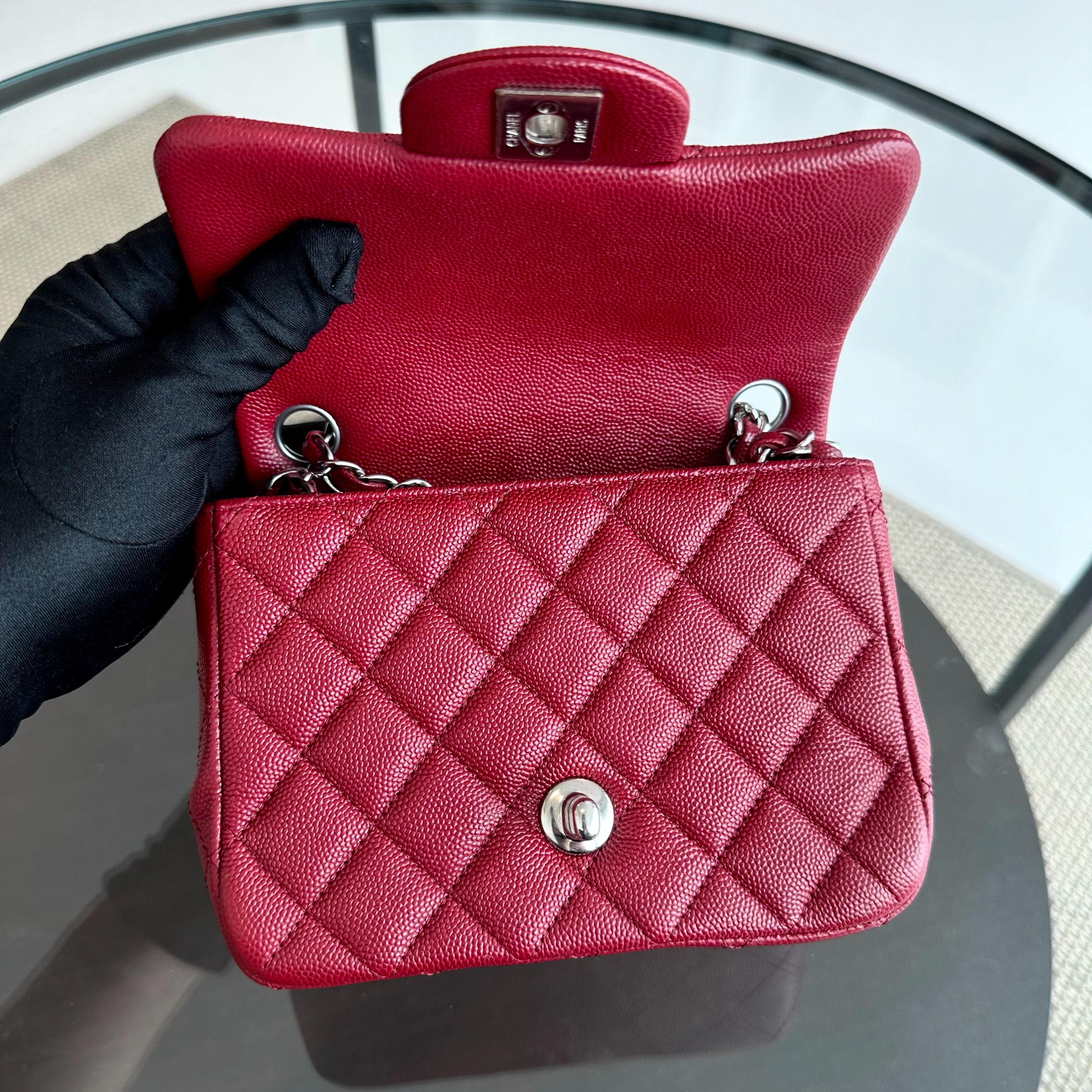 *Like New* Chanel Caviar Mini Square Classic Flap Quilted Calfskin Burgundy Red SHW No 27 - Luxury Evermore