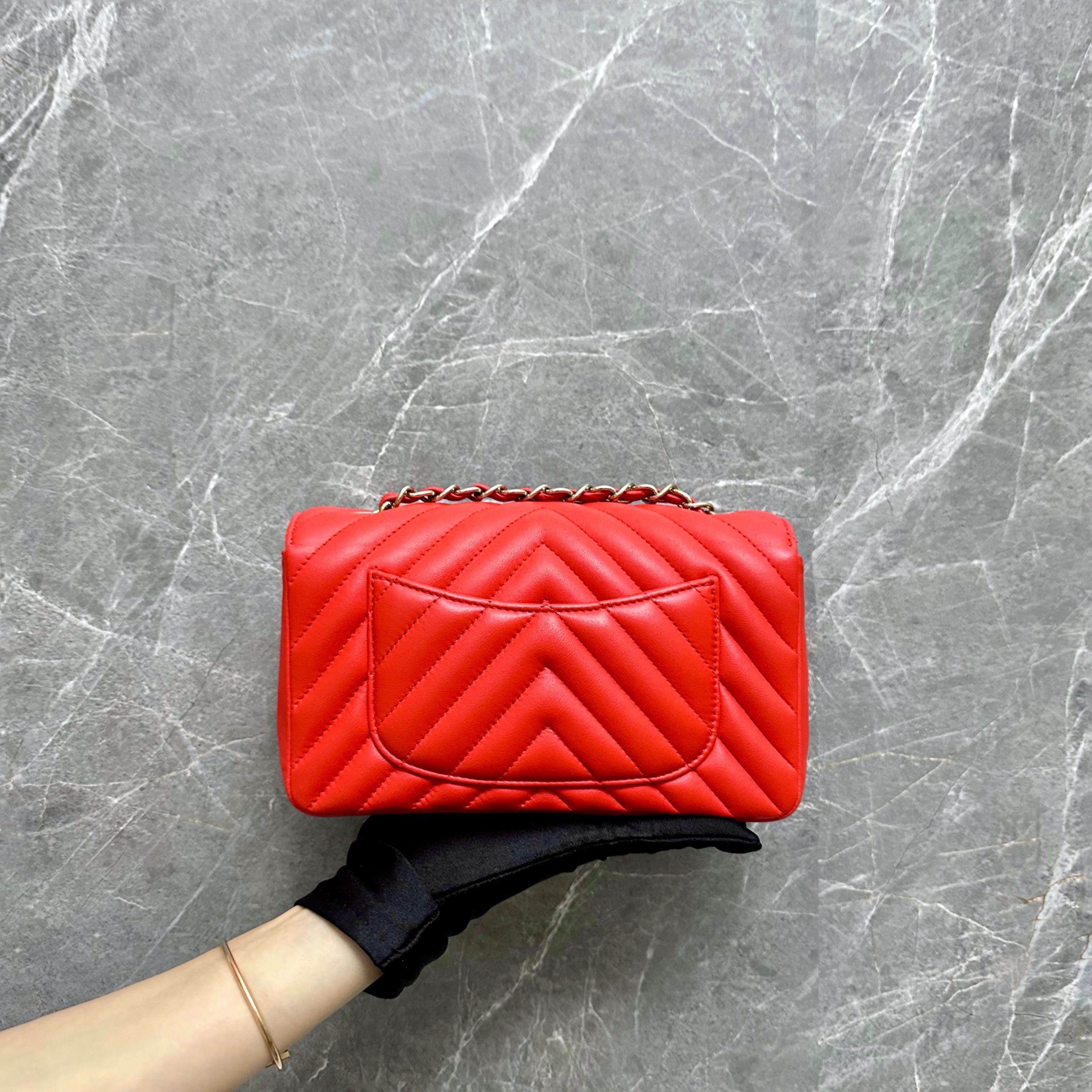 *Like New* Chanel Classic Flap Mini Rectangular Chevron Red GHW No 23 - Luxury Evermore