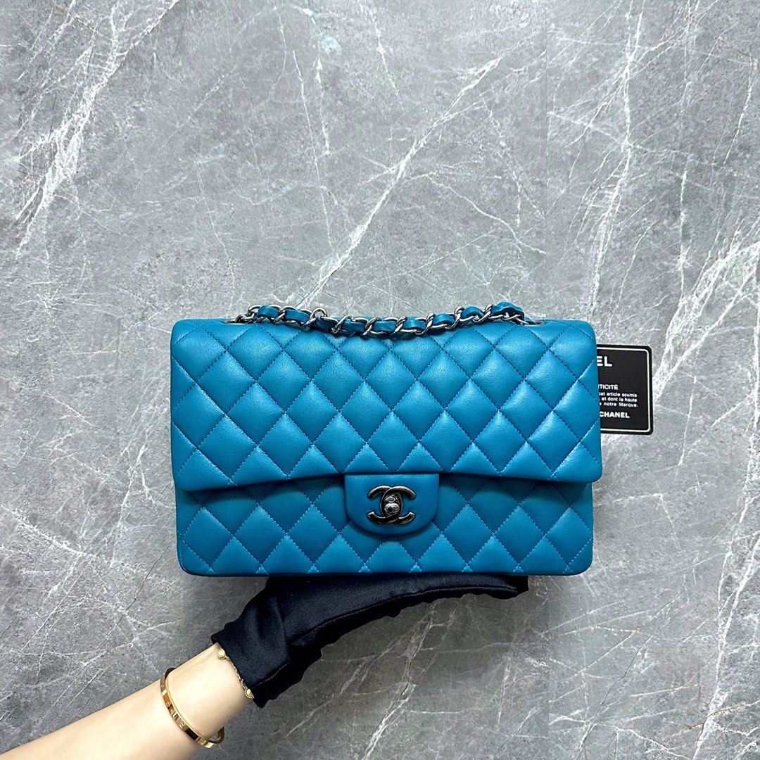 *Like New* Chanel Medium Classic Flap 25cm Lambskin Blue BHW No 15 - Luxury Evermore