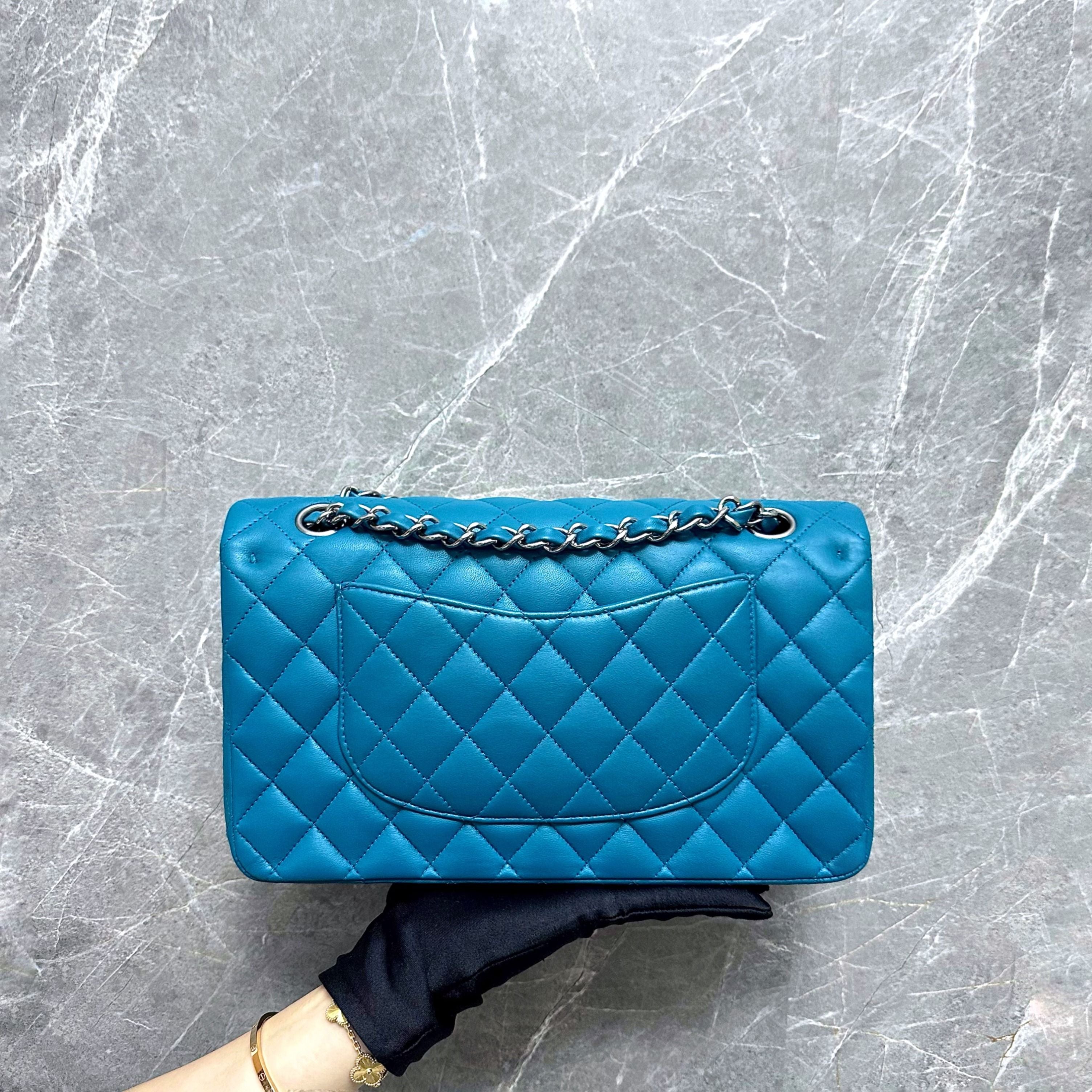 *Like New* Chanel Medium Classic Flap 25cm Lambskin Blue BHW No 15 - Luxury Evermore