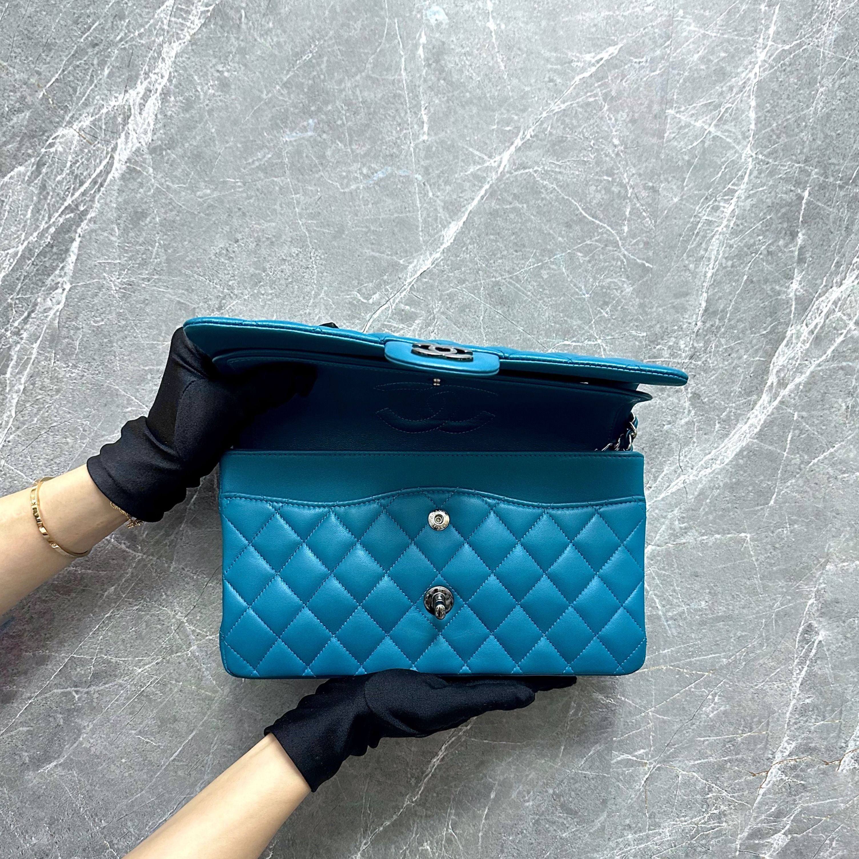 *Like New* Chanel Medium Classic Flap 25cm Lambskin Blue BHW No 15 - Luxury Evermore