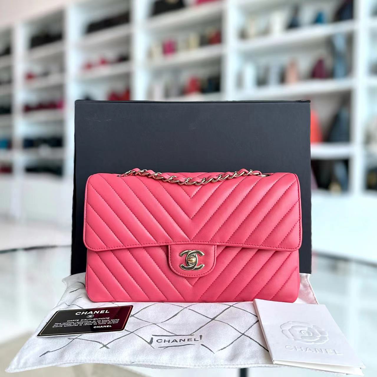 *Like New* Chanel Medium Classic Flap Chevron Lambskin Coral Pink Golden Hardware Series 24 - Luxury Evermore