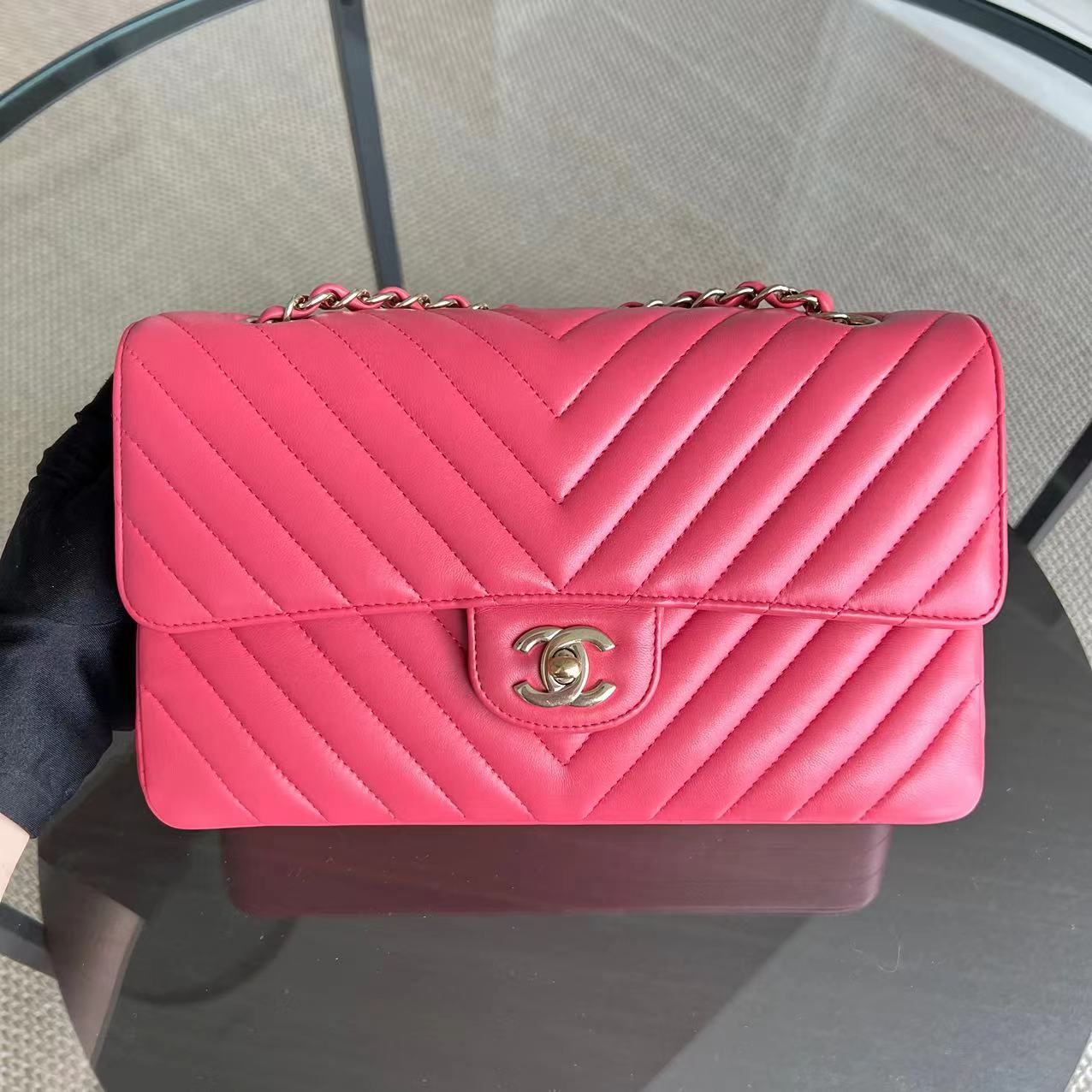 *Like New* Chanel Medium Classic Flap Chevron Lambskin Coral Pink Golden Hardware Series 24 - Luxury Evermore