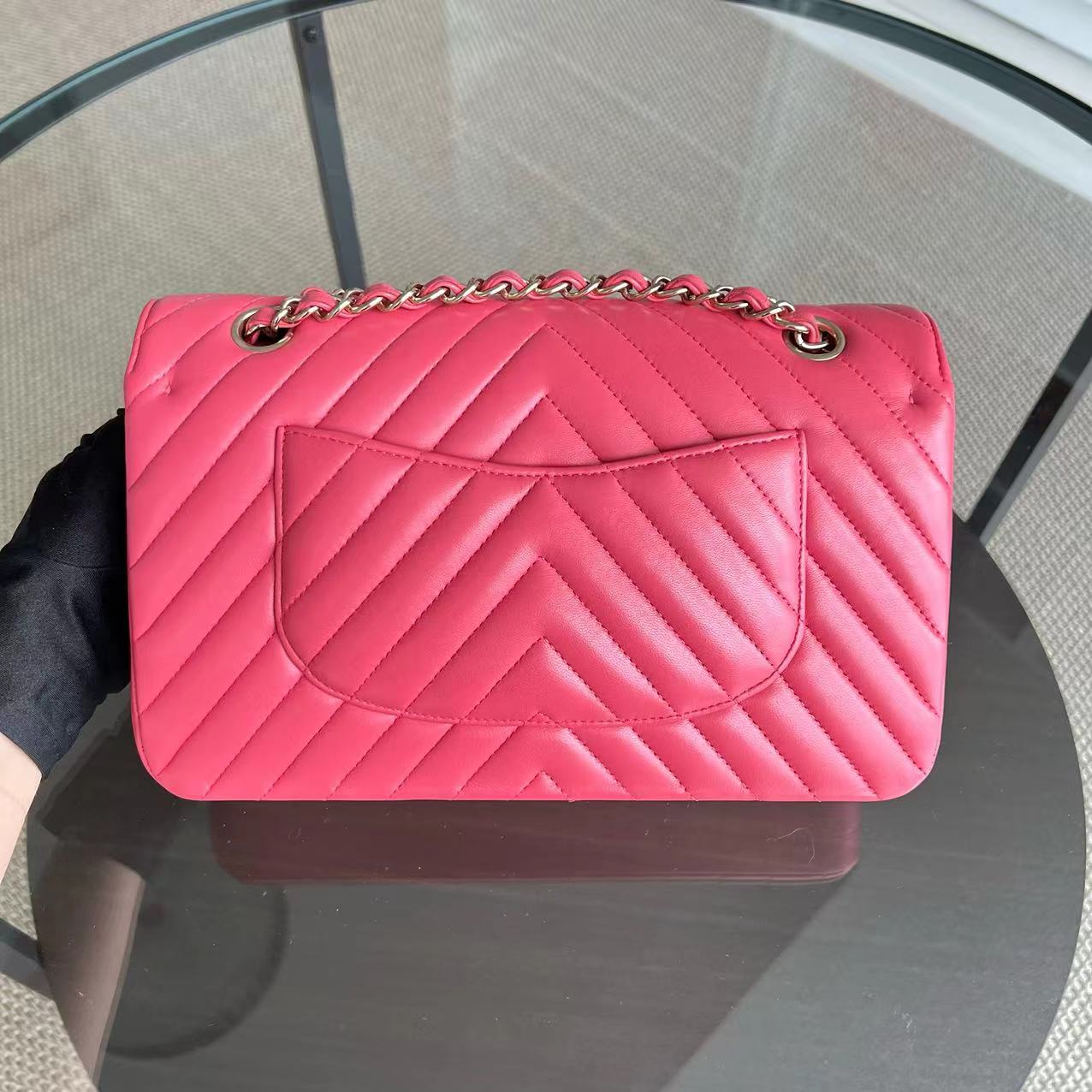 *Like New* Chanel Medium Classic Flap Chevron Lambskin Coral Pink Golden Hardware Series 24 - Luxury Evermore