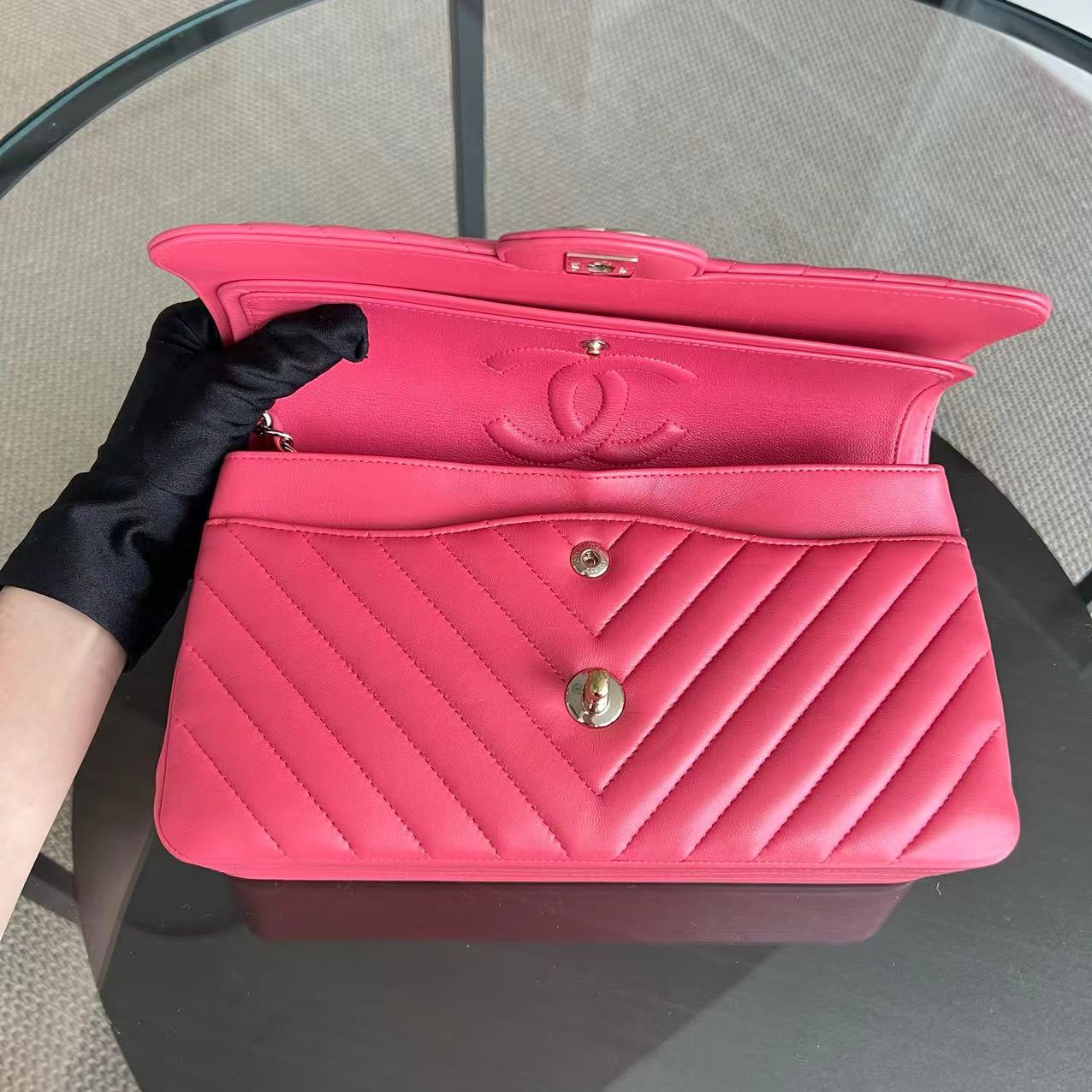 *Like New* Chanel Medium Classic Flap Chevron Lambskin Coral Pink Golden Hardware Series 24 - Luxury Evermore