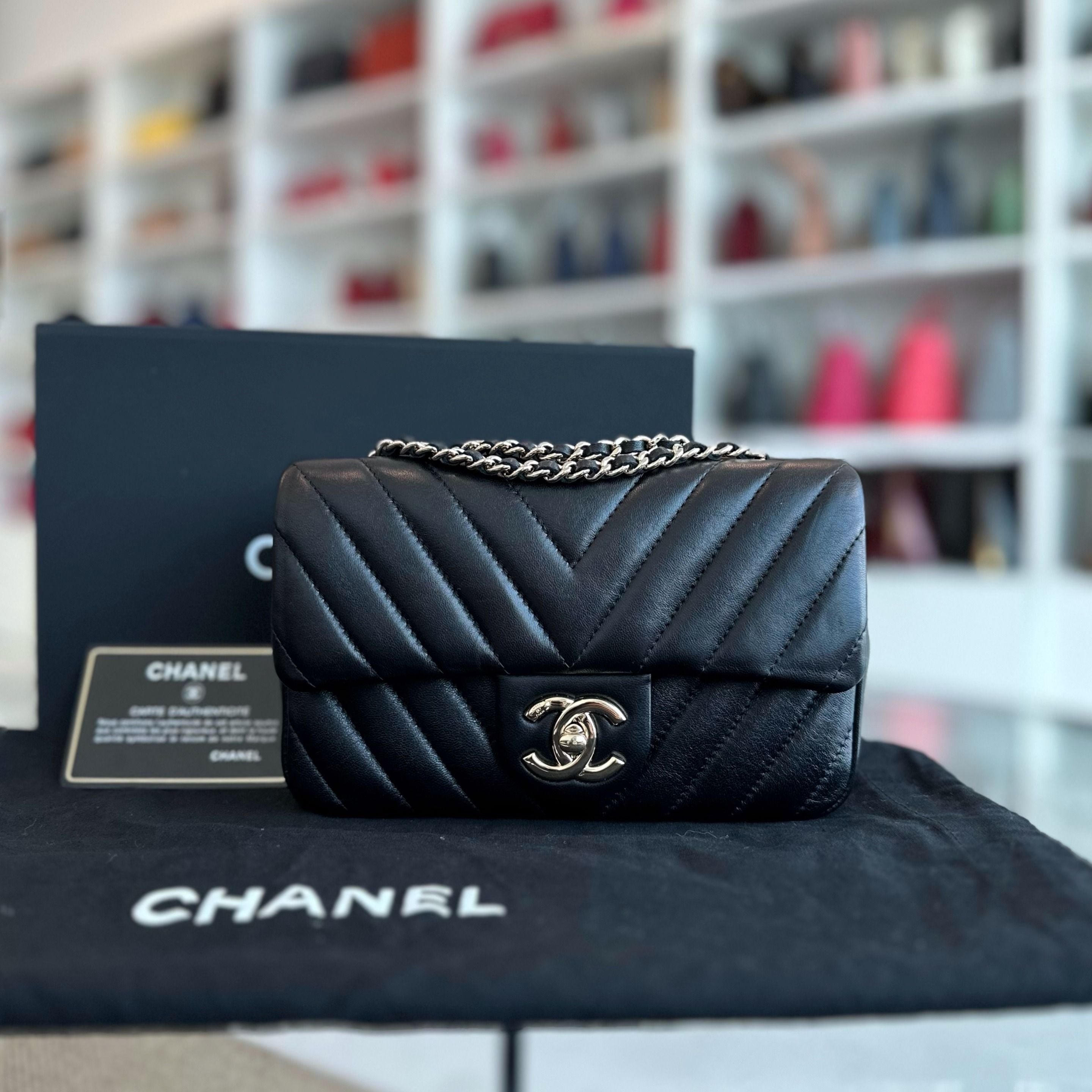 *Like New* Chanel Mini Rectangular Classic Flap 20CM Chevron Lambskin Black LGHW - Luxury Evermore