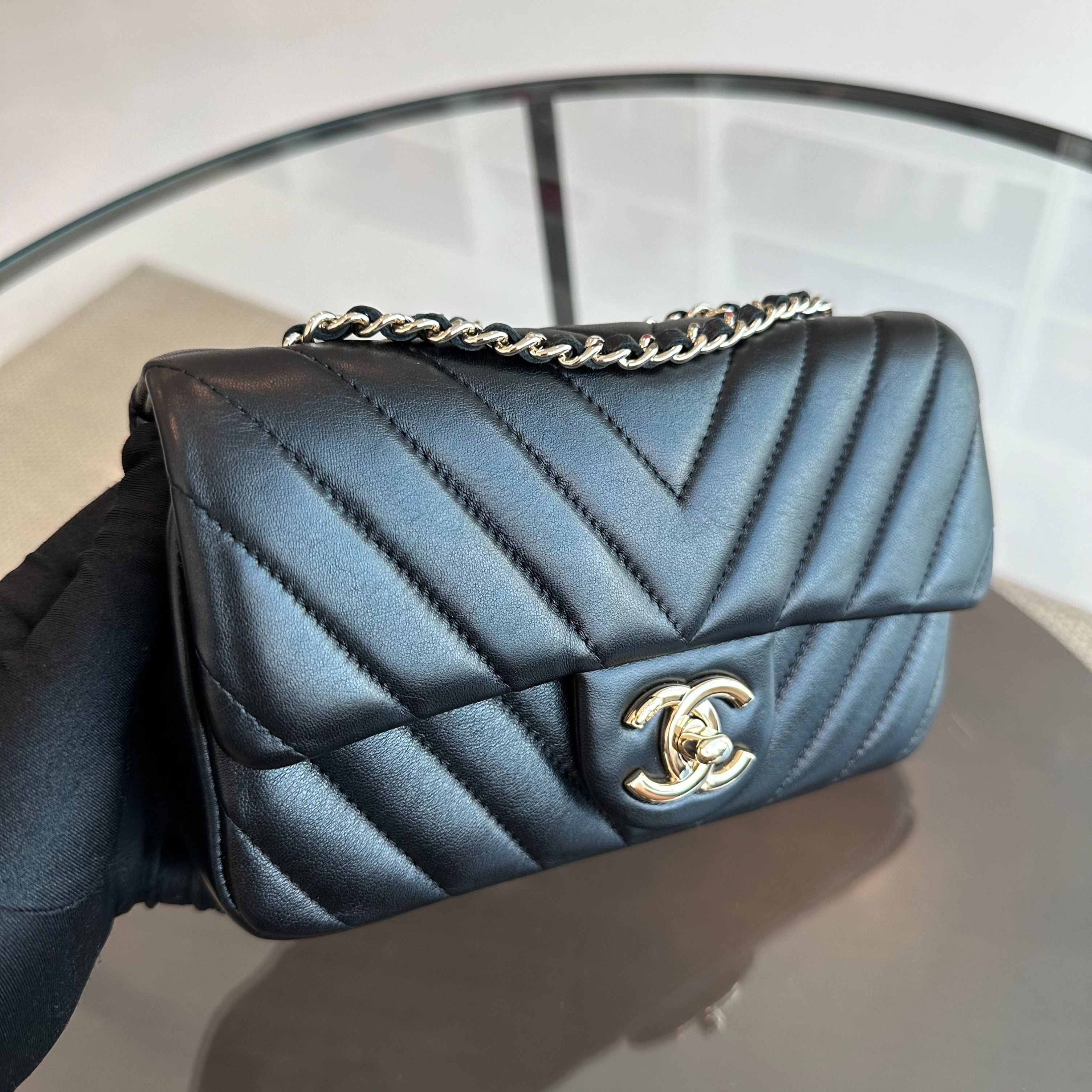 *Like New* Chanel Mini Rectangular Classic Flap 20CM Chevron Lambskin Black LGHW - Luxury Evermore