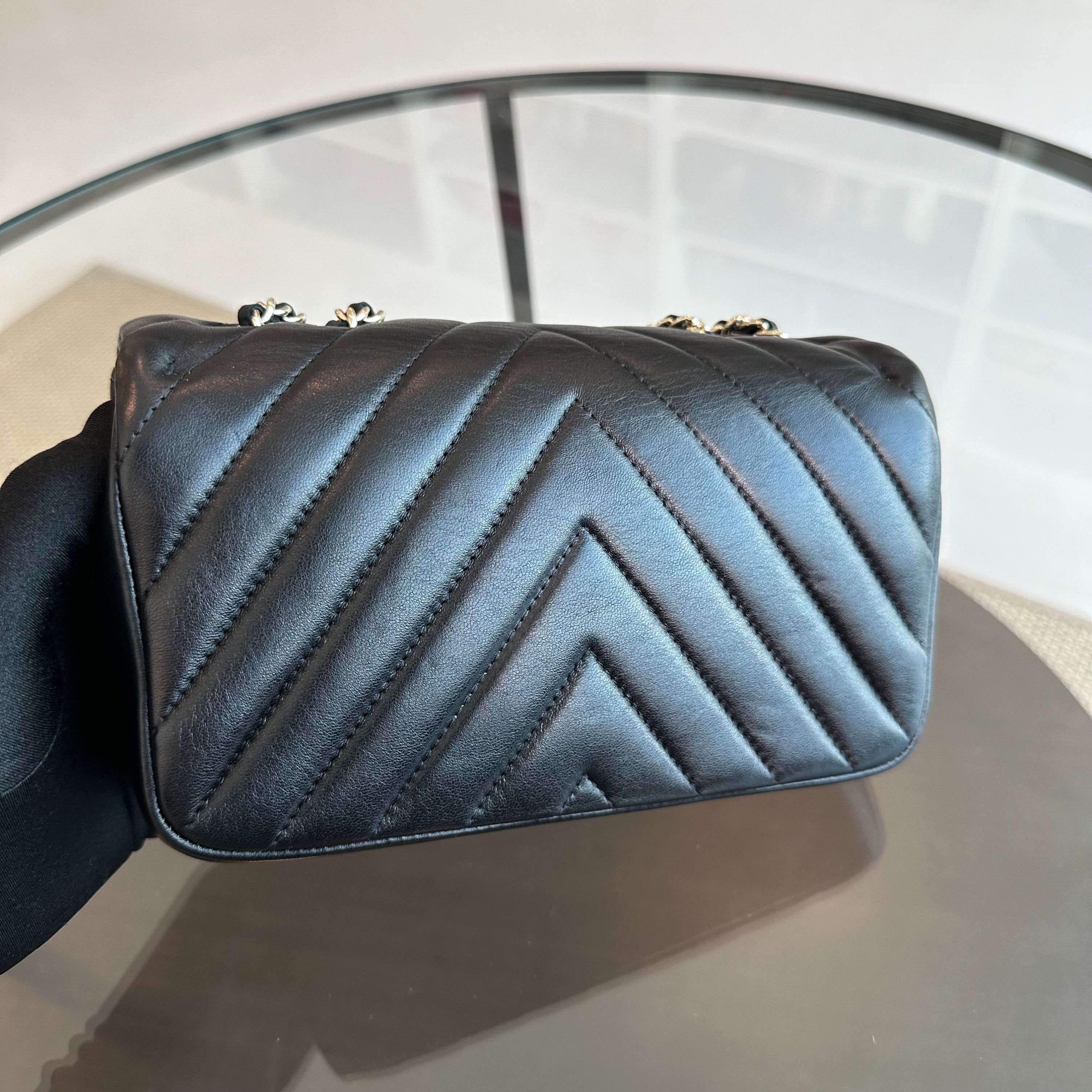 *Like New* Chanel Mini Rectangular Classic Flap 20CM Chevron Lambskin Black LGHW - Luxury Evermore