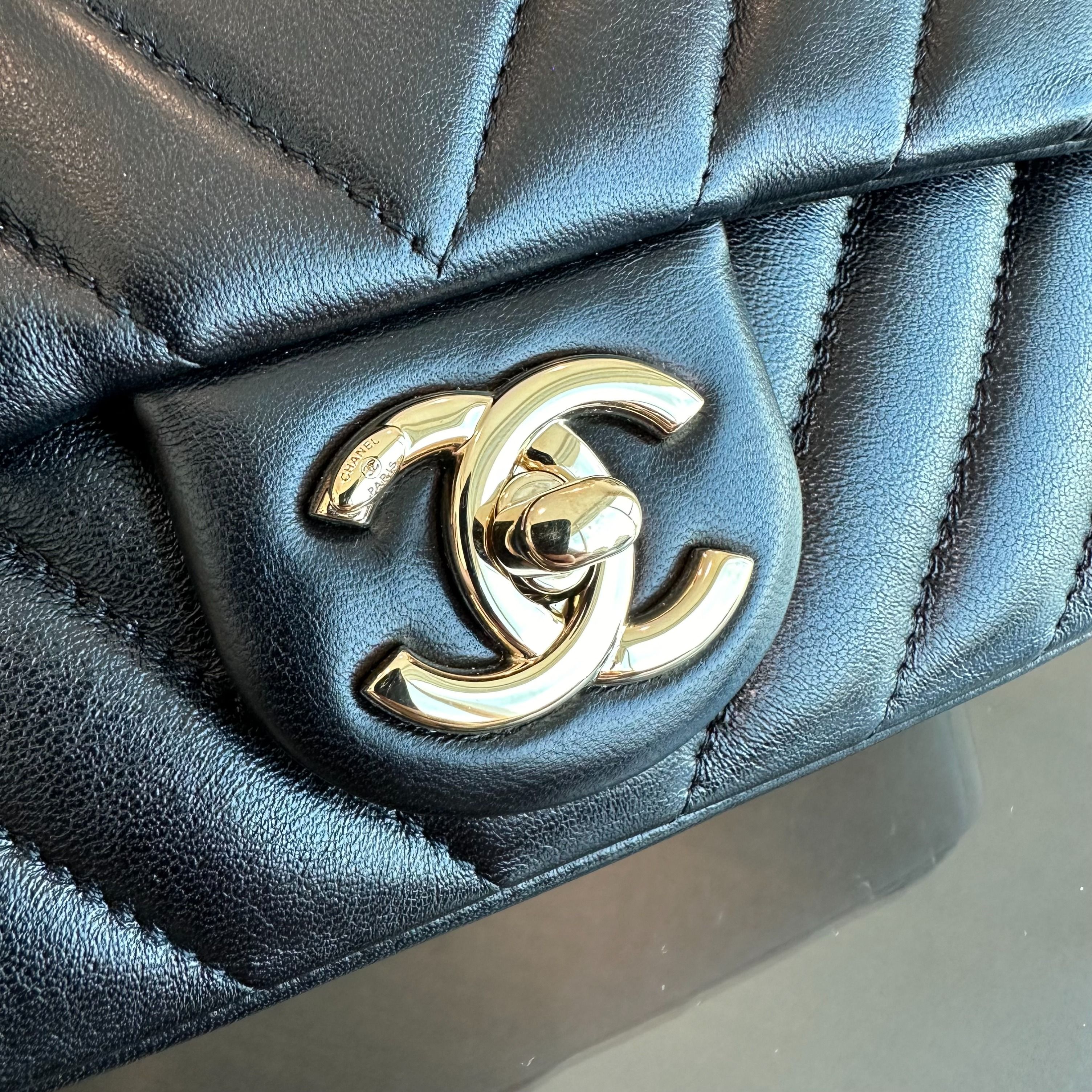 *Like New* Chanel Mini Rectangular Classic Flap 20CM Chevron Lambskin Black LGHW - Luxury Evermore