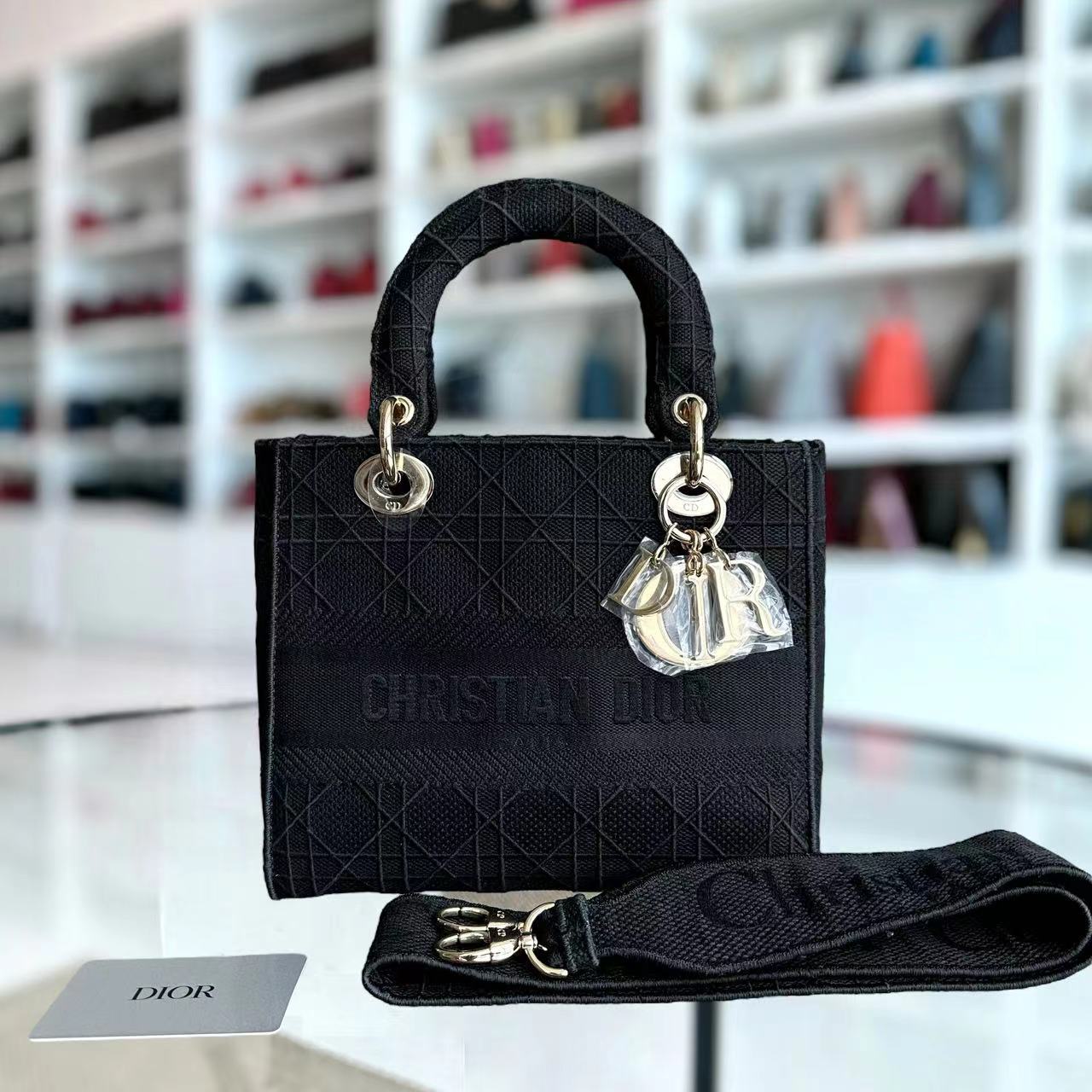 *Like New* Dior Lady D-Lite Black Cannage Embroidery D Lite Cross Body GHW - Luxury Evermore