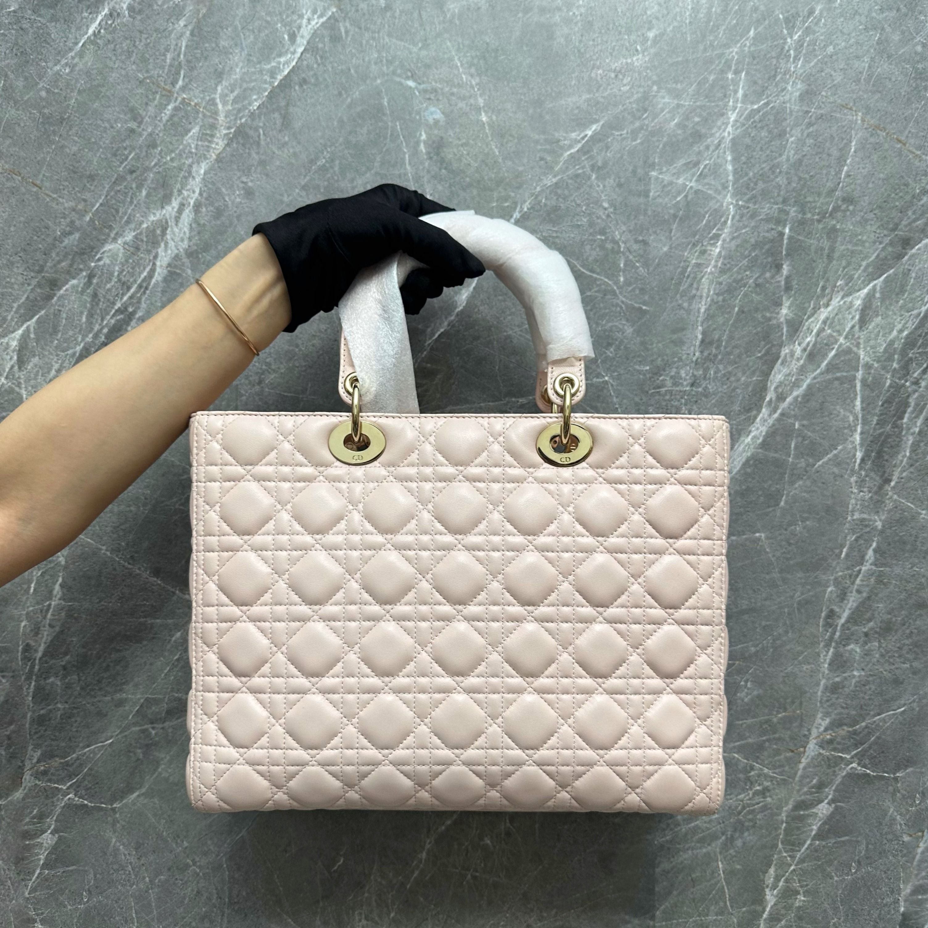 *Like New* Dior Lady Large Lambskin Sakura Pink LGHW - Luxury Evermore