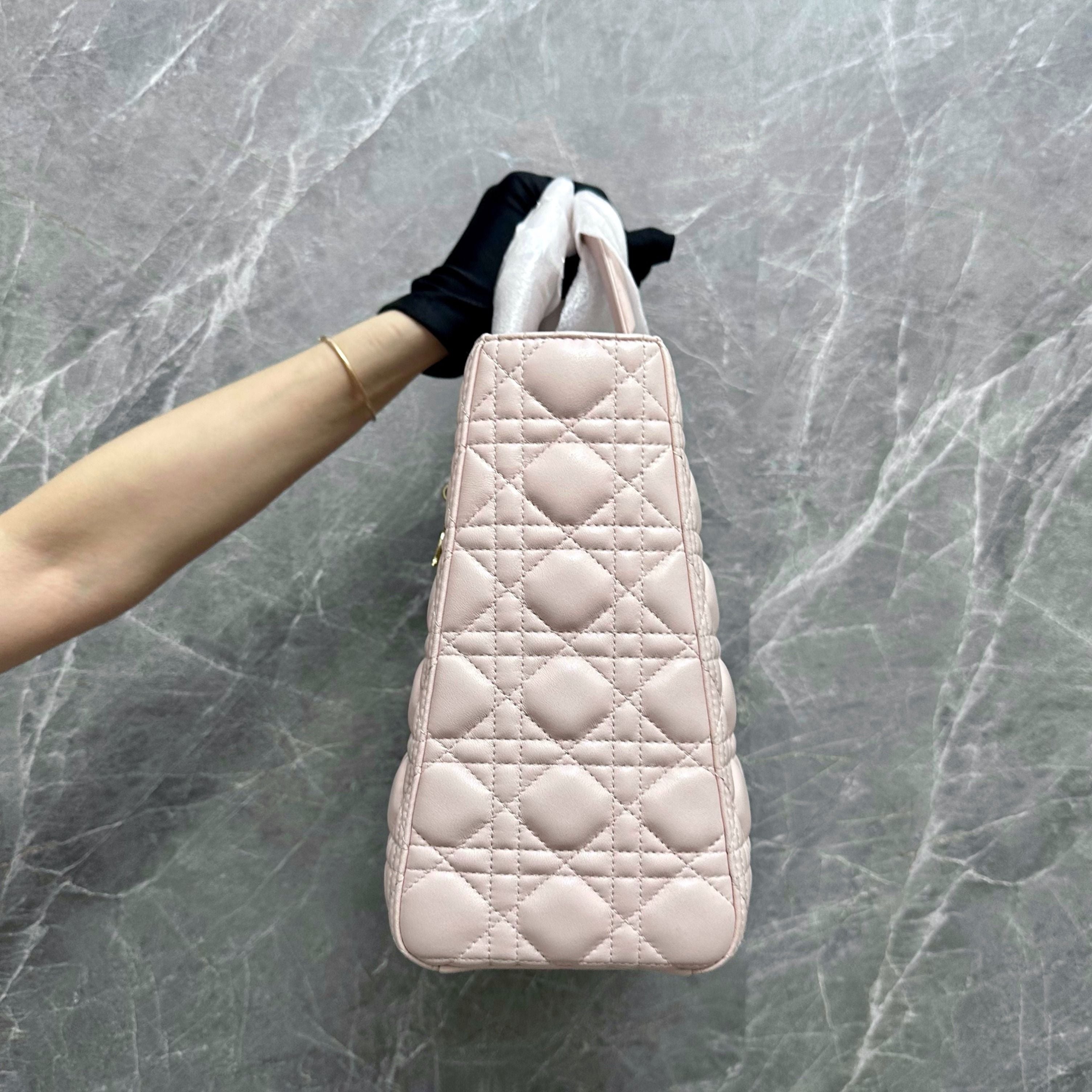 *Like New* Dior Lady Large Lambskin Sakura Pink LGHW - Luxury Evermore