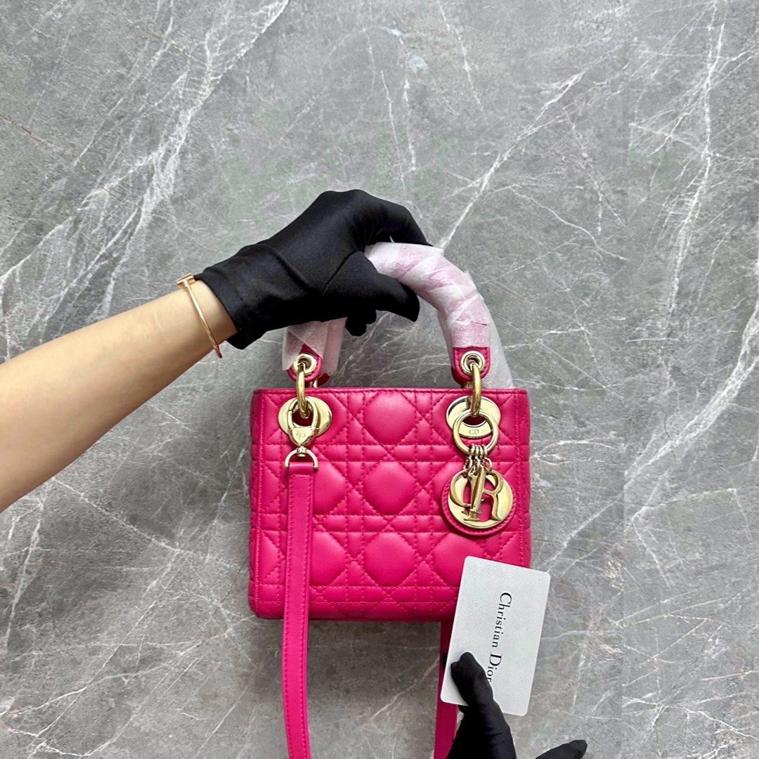 *Like New* Dior Lady Mini Lambskin Hot Pink GHW - Luxury Evermore