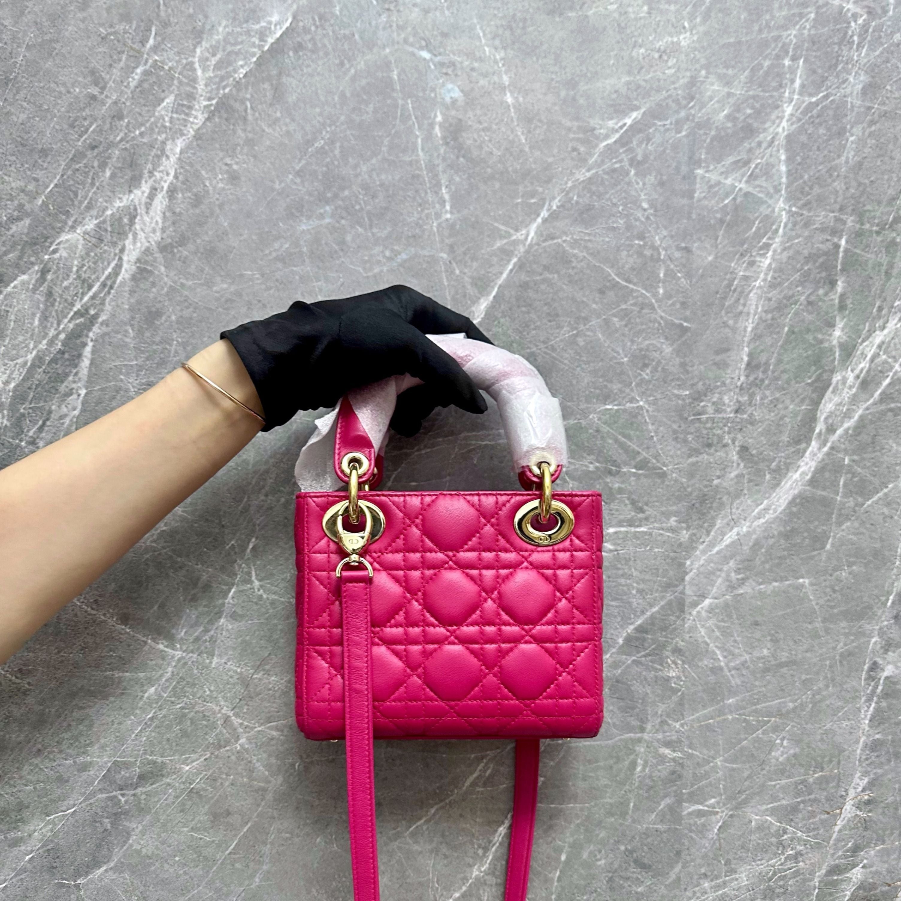 *Like New* Dior Lady Mini Lambskin Hot Pink GHW - Luxury Evermore