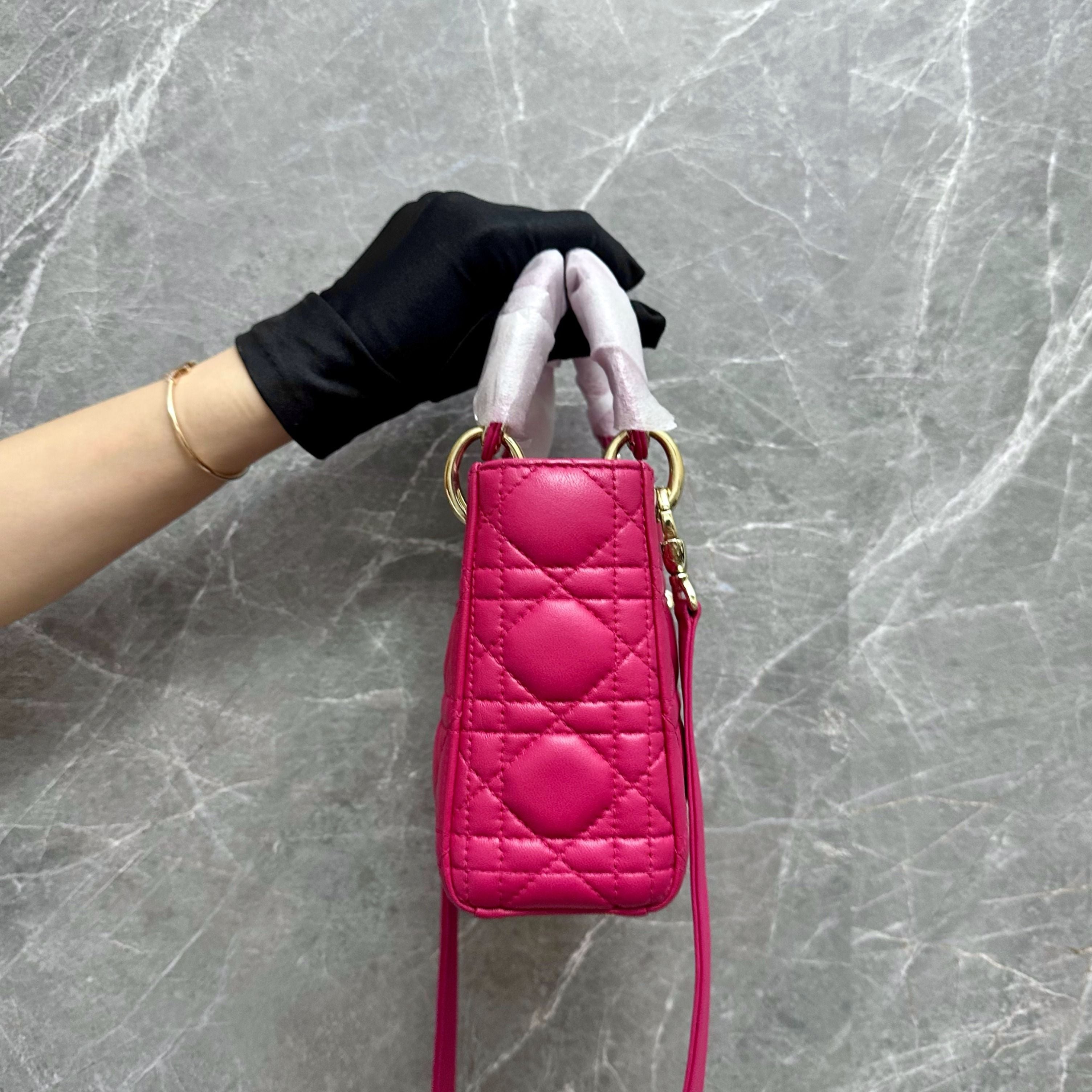 *Like New* Dior Lady Mini Lambskin Hot Pink GHW - Luxury Evermore