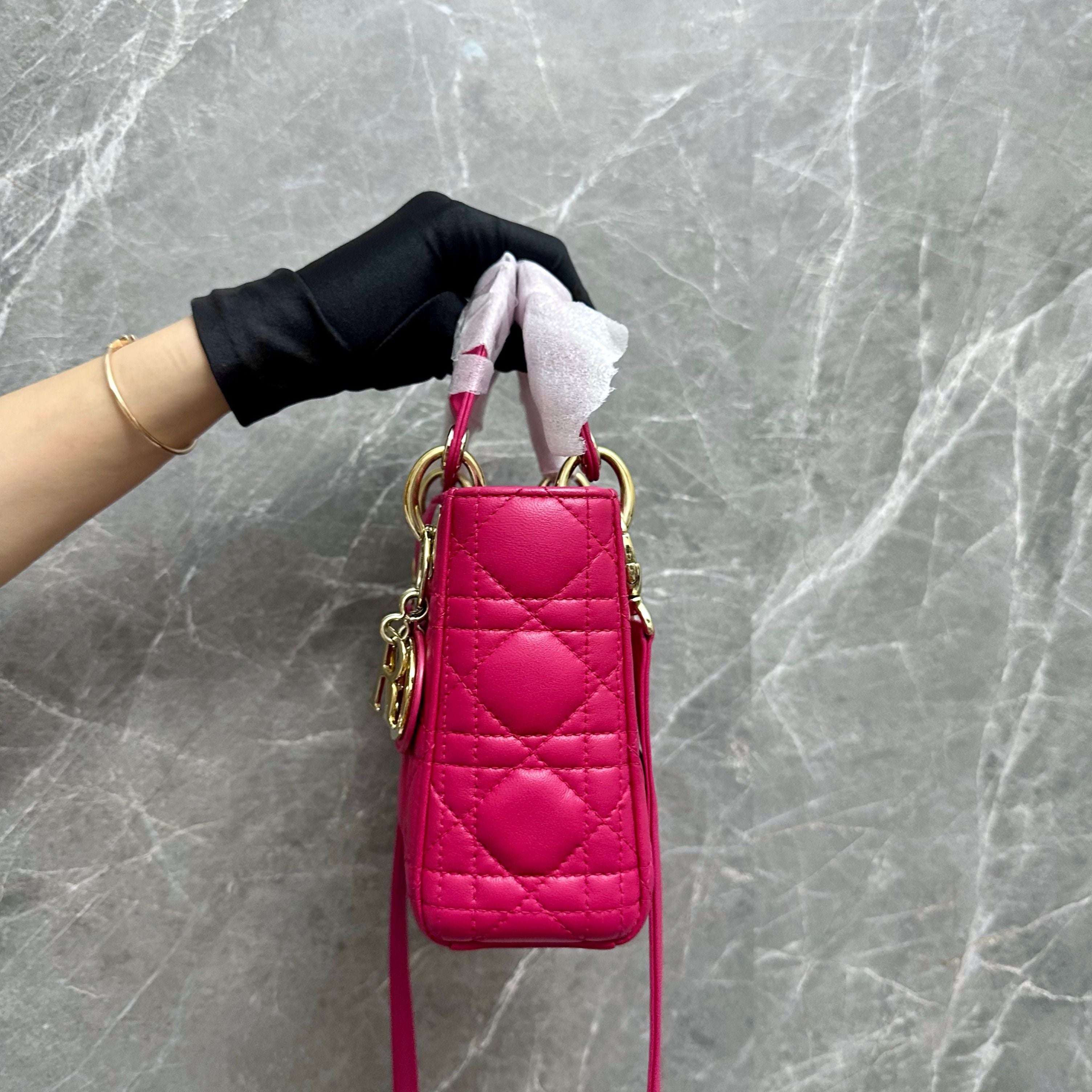 *Like New* Dior Lady Mini Lambskin Hot Pink GHW - Luxury Evermore