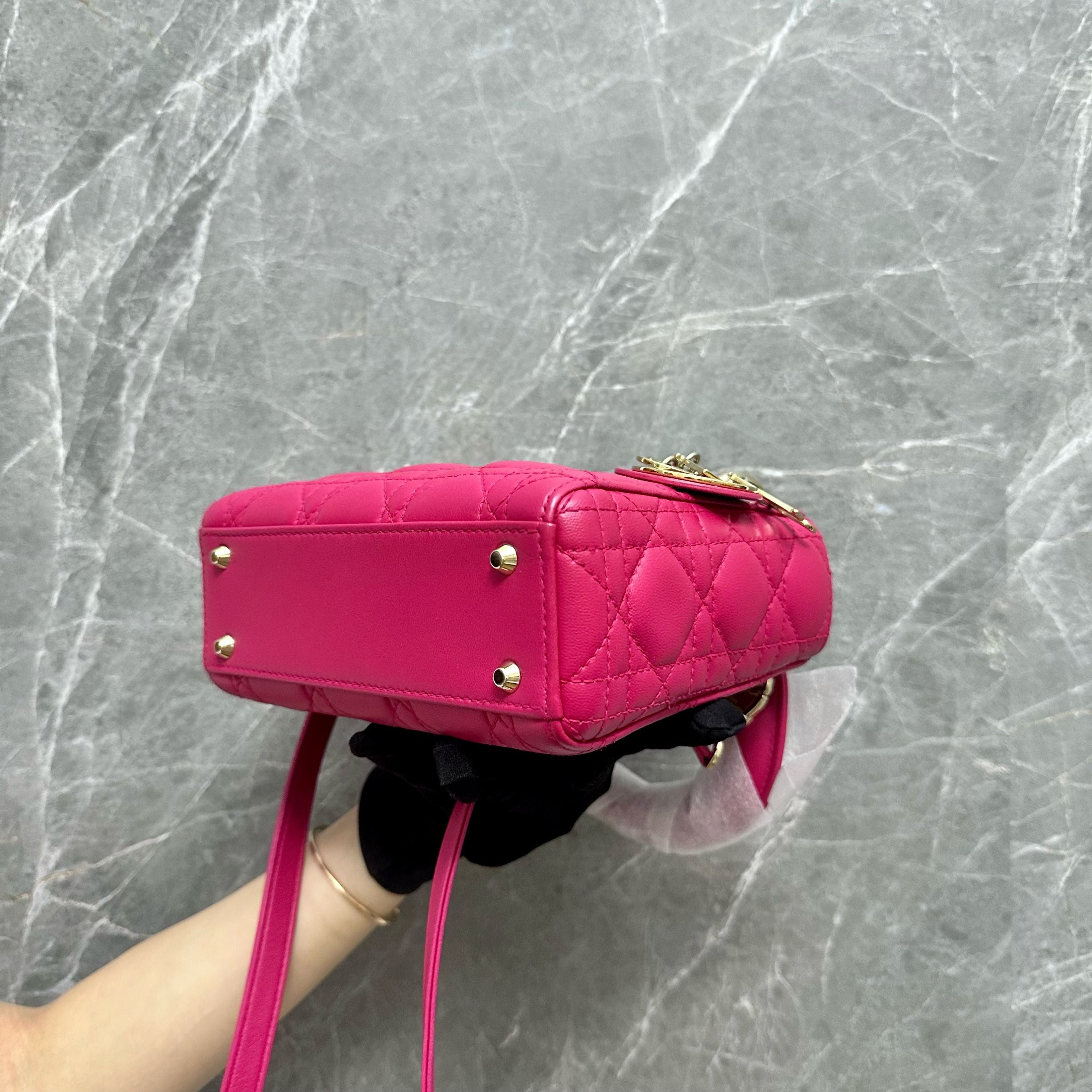 *Like New* Dior Lady Mini Lambskin Hot Pink GHW - Luxury Evermore