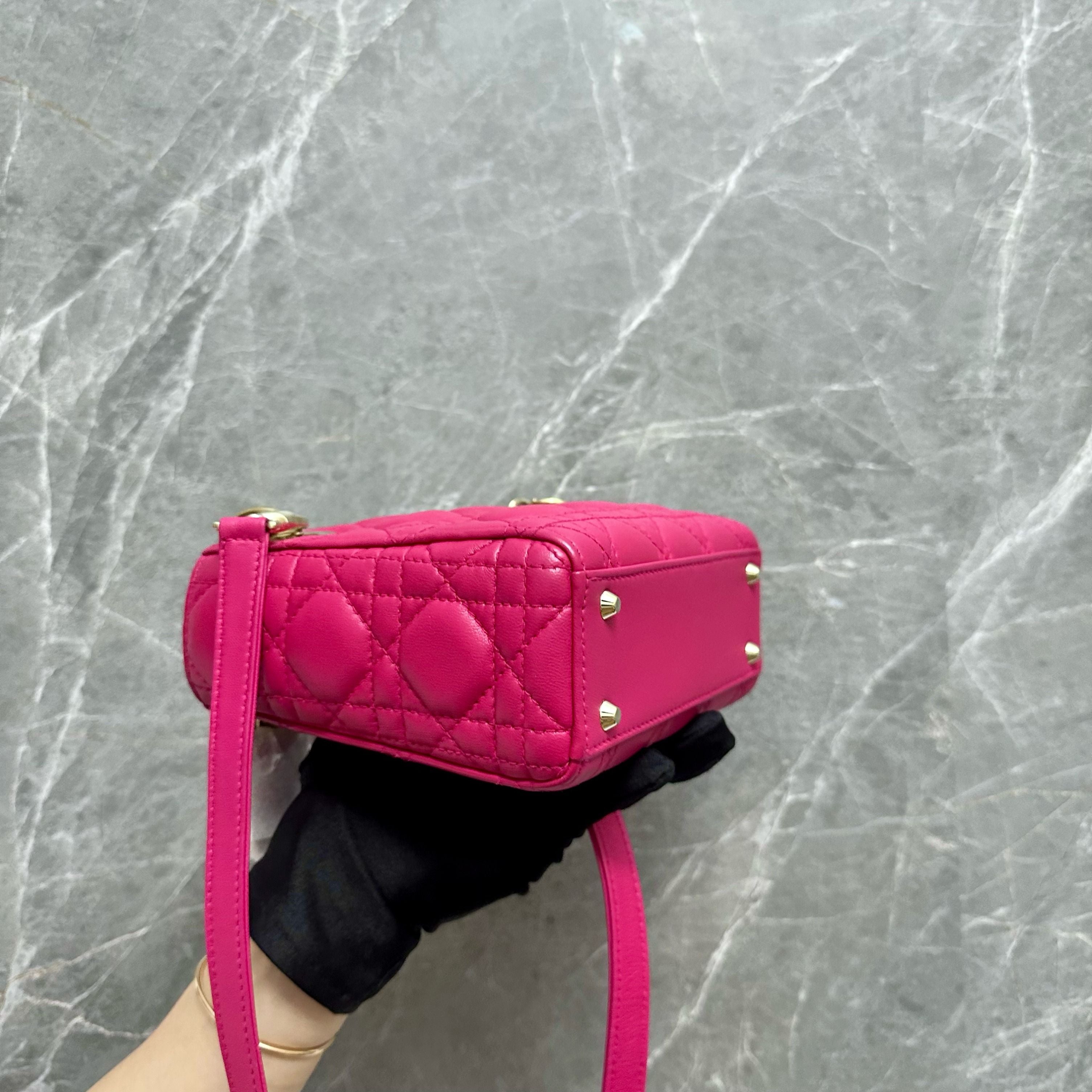 *Like New* Dior Lady Mini Lambskin Hot Pink GHW - Luxury Evermore