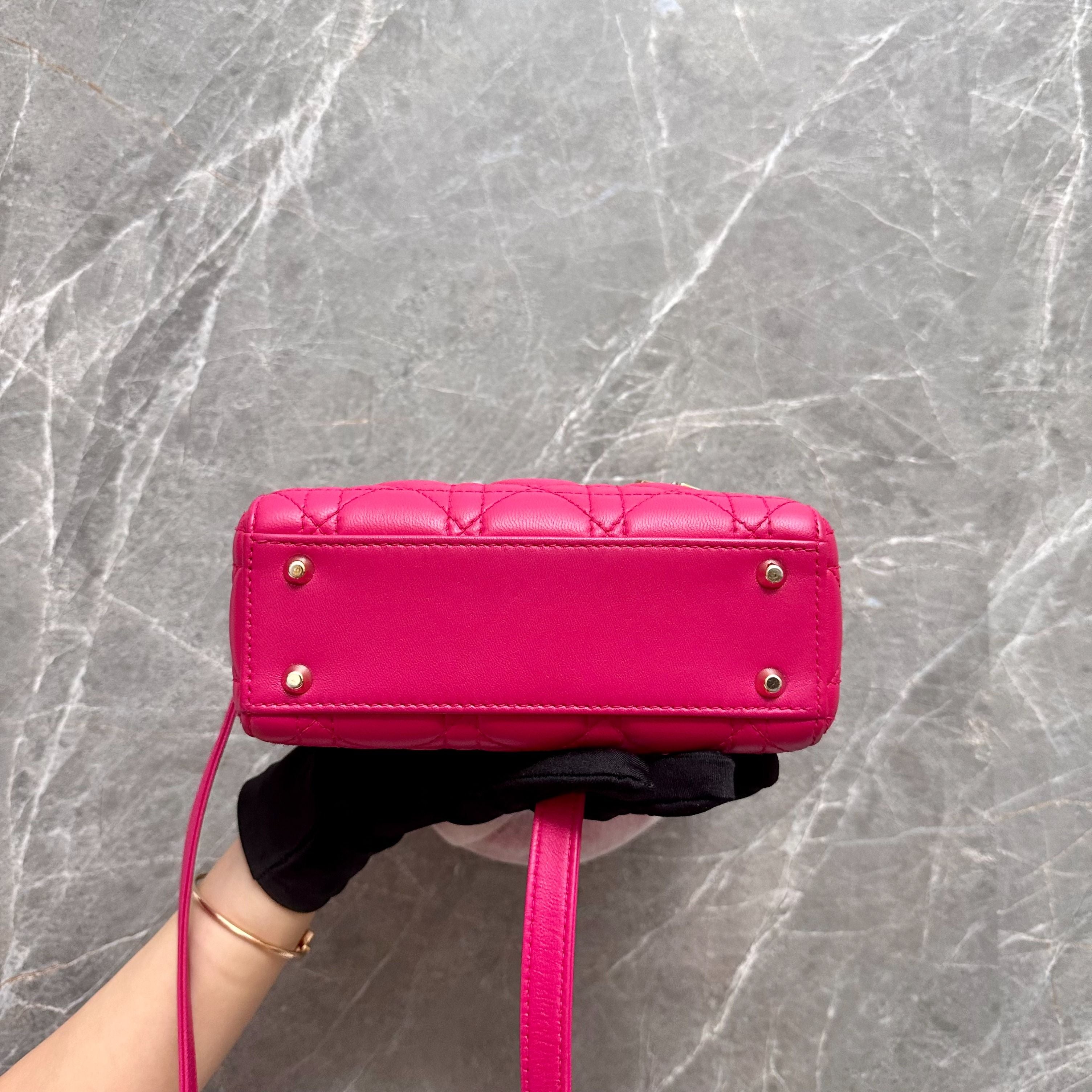 *Like New* Dior Lady Mini Lambskin Hot Pink GHW - Luxury Evermore