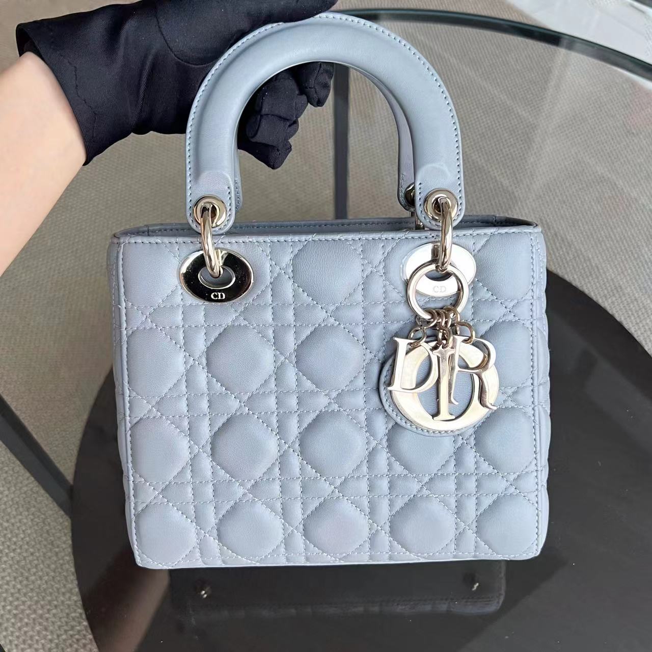 *Like New* Dior Lady Small Cannage Lambskin Light Grey Gray Golden Hardware - Luxury Evermore