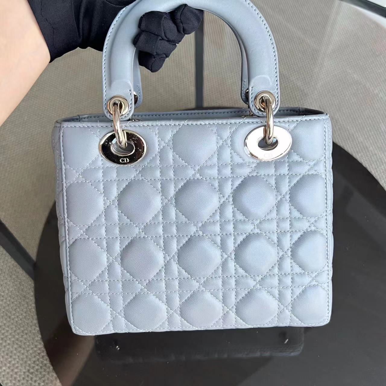 *Like New* Dior Lady Small Cannage Lambskin Light Grey Gray Golden Hardware - Luxury Evermore