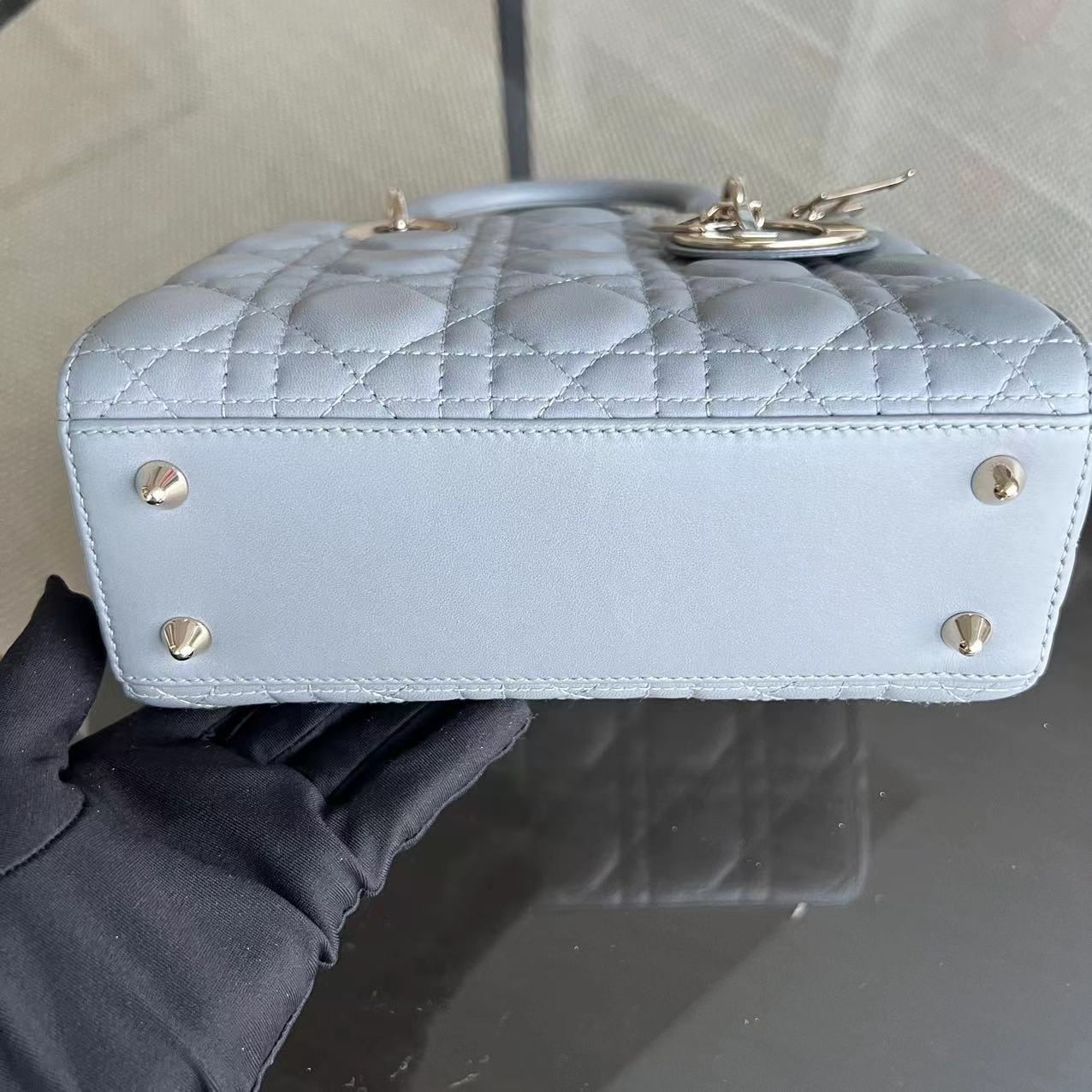 *Like New* Dior Lady Small Cannage Lambskin Light Grey Gray Golden Hardware - Luxury Evermore