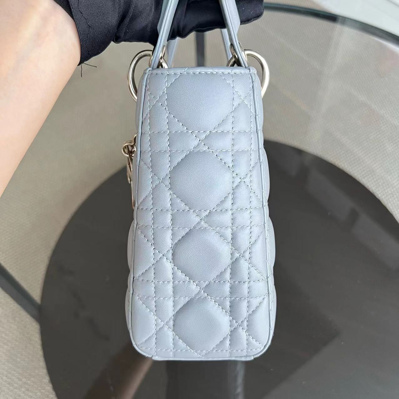 *Like New* Dior Lady Small Cannage Lambskin Light Grey Gray Golden Hardware - Luxury Evermore