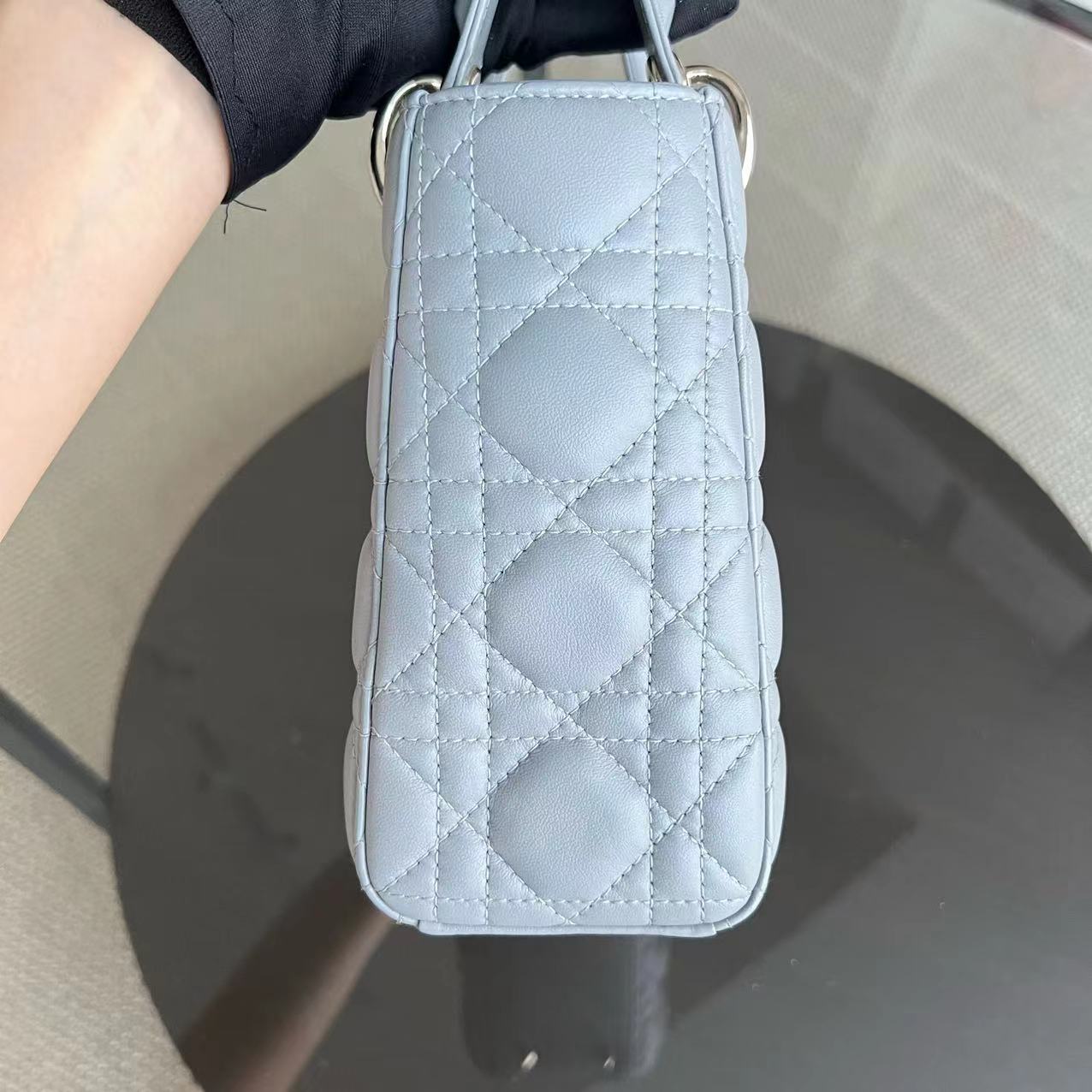 *Like New* Dior Lady Small Cannage Lambskin Light Grey Gray Golden Hardware - Luxury Evermore